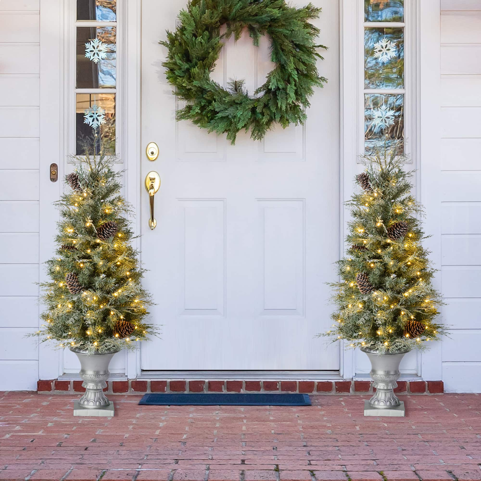 2 Pack 4ft. Pre-Lit Pine Artificial Christmas Porch Tree, Warm White LED Lights