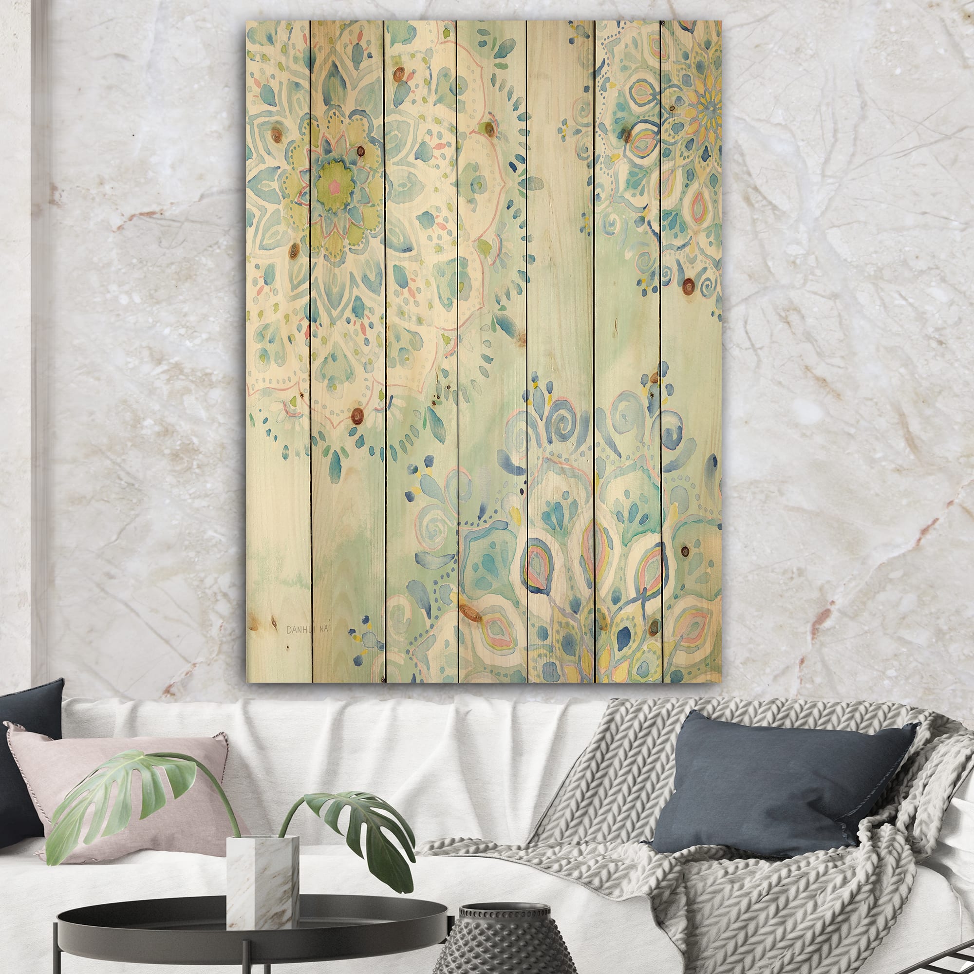 Designart - Watercolor mandalas III - Floral &#x26; Botanical Print on Natural Pine Wood