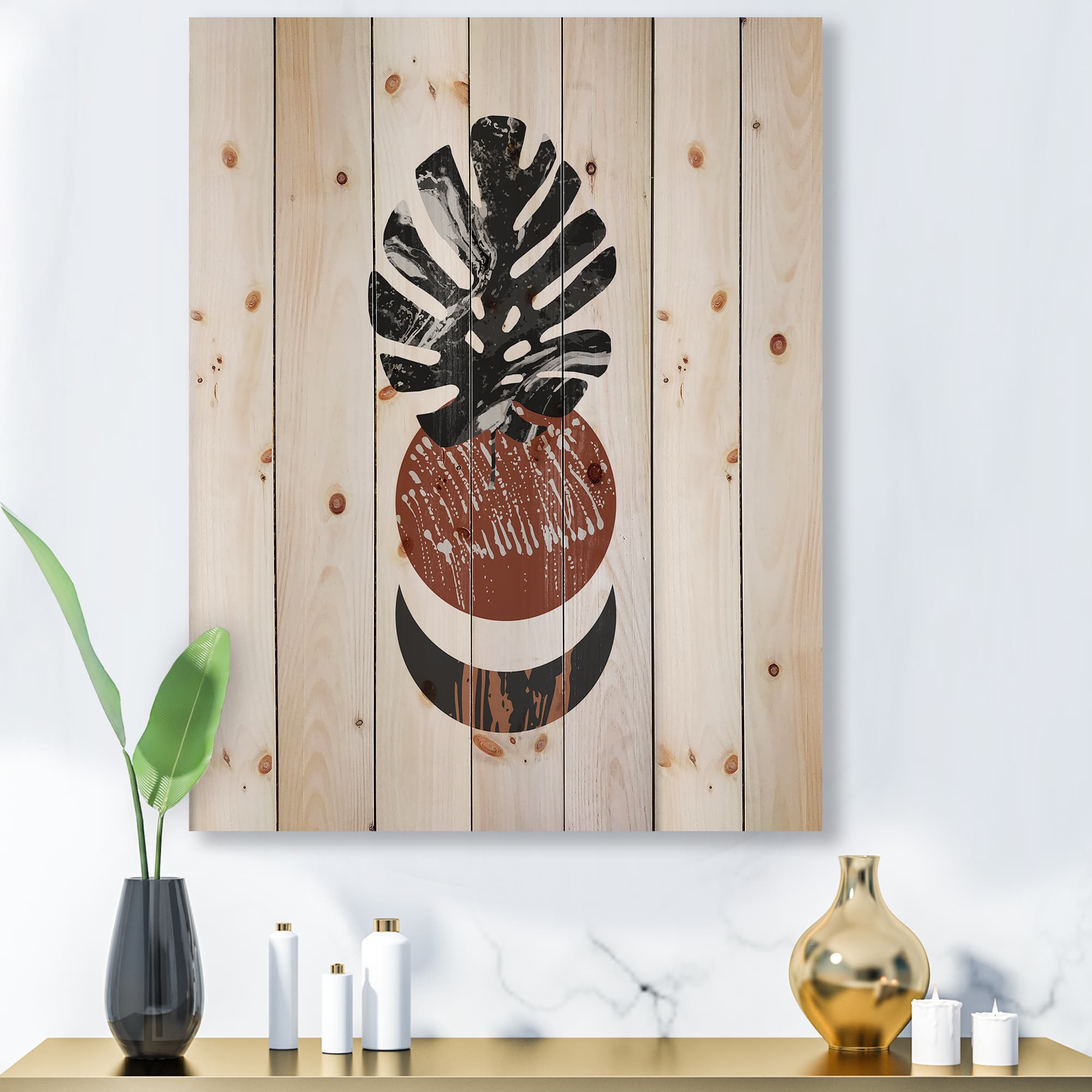 Designart - Abstact Minimal Sun, Moon & Tropical Palm Leaf II