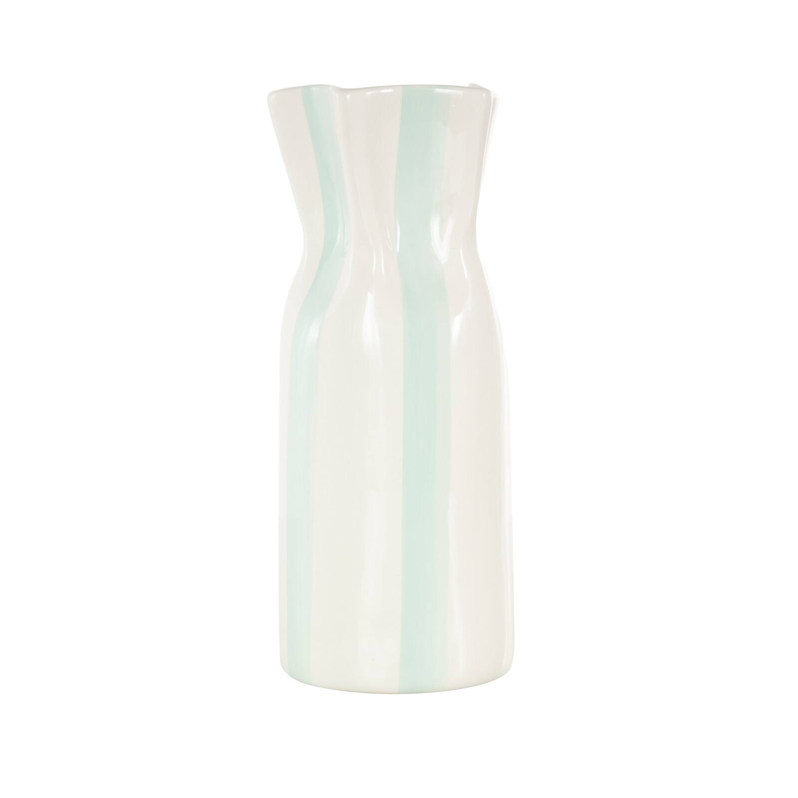 12" White & Teal Stripes Round Wide Ceramic Vase