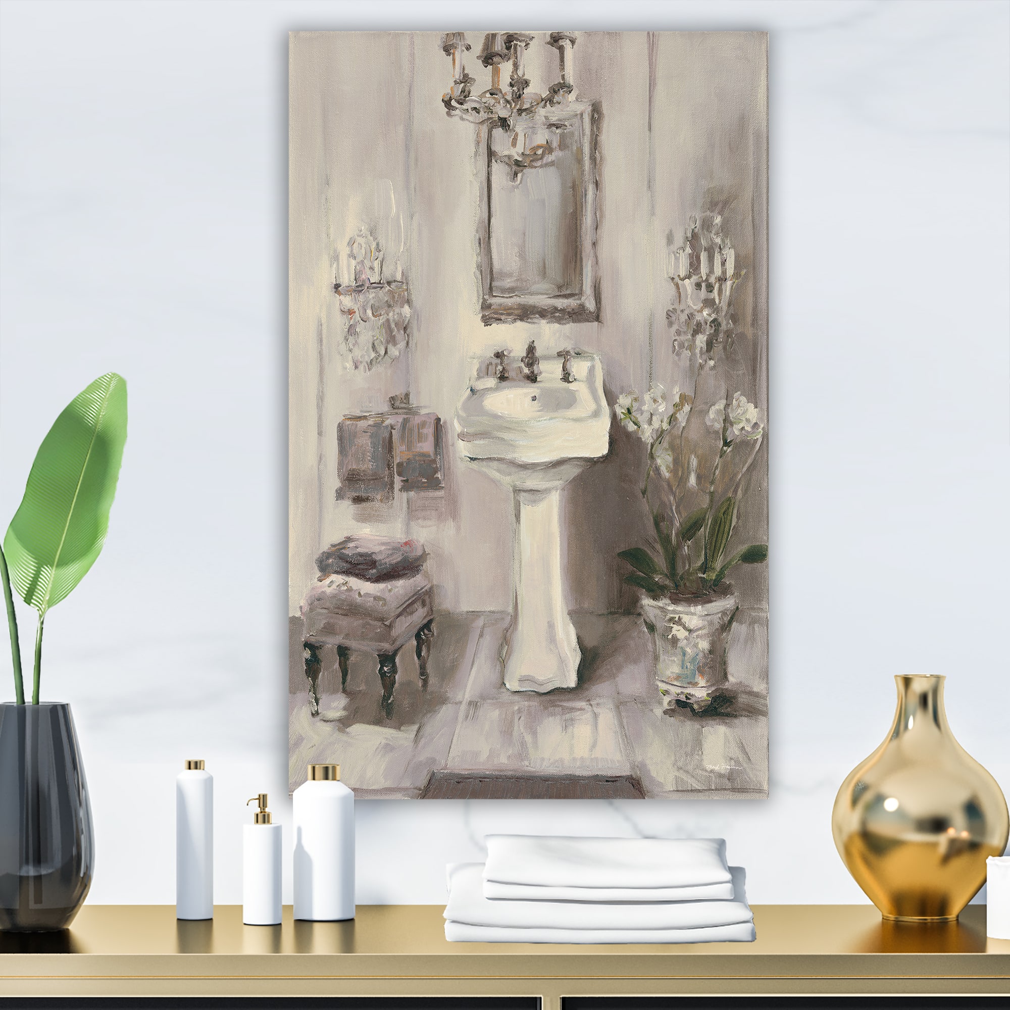 Designart - French Bathroom Vintage II - Traditional Bathroom Gallery-wrapped Canvas
