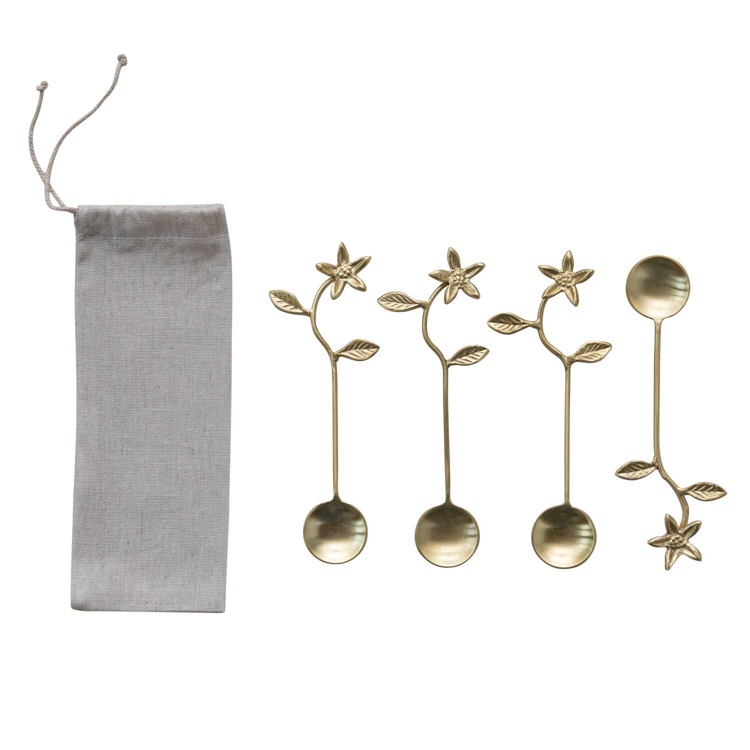 Hello Honey&#xAE; 5.5&#x22; Stainless Steel &#x26; Brass Spoons with Flower Handles &#x26; Drawstring Bag