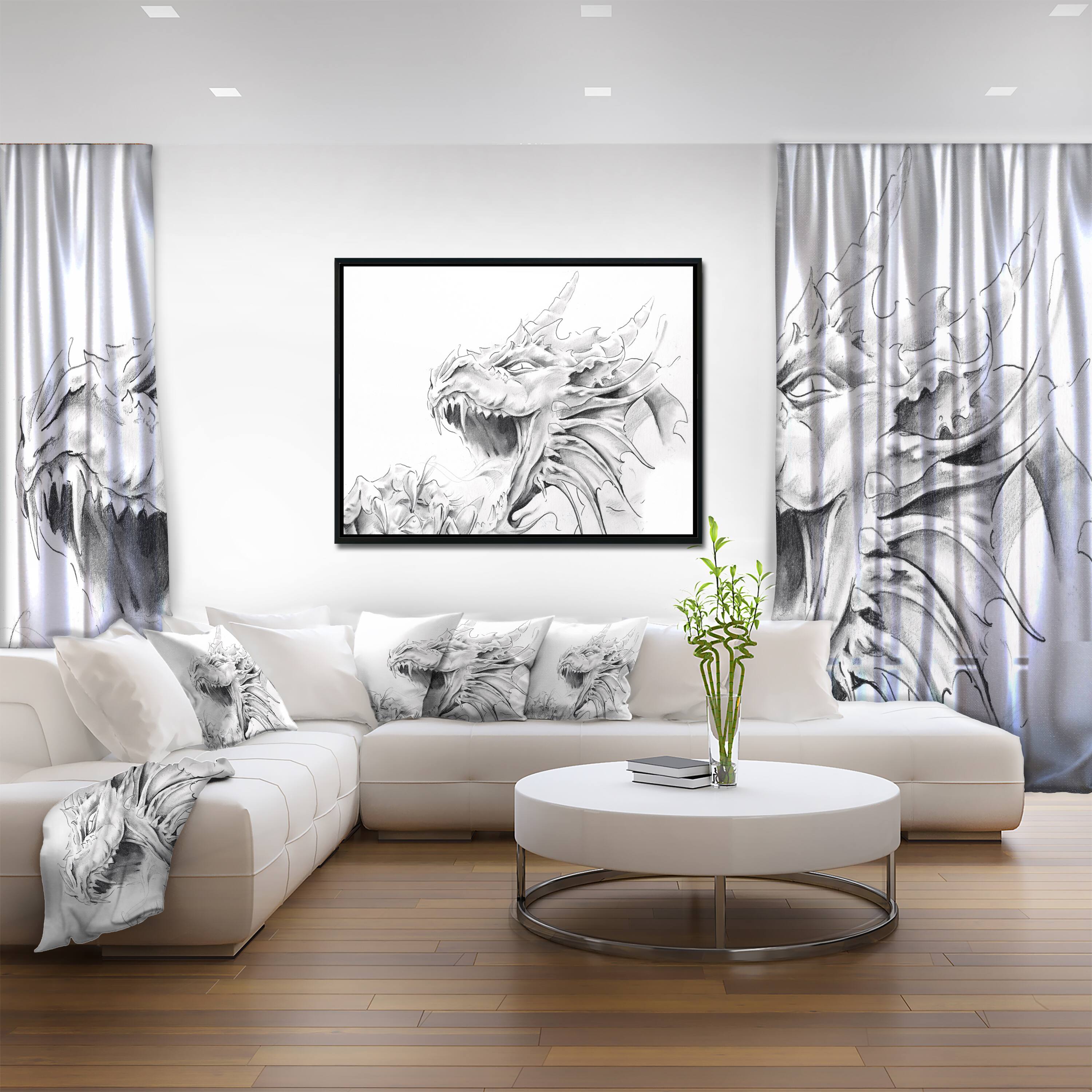 Designart - Dragon Tattoo Sketch - Abstract Print On Canvas in Black Frame