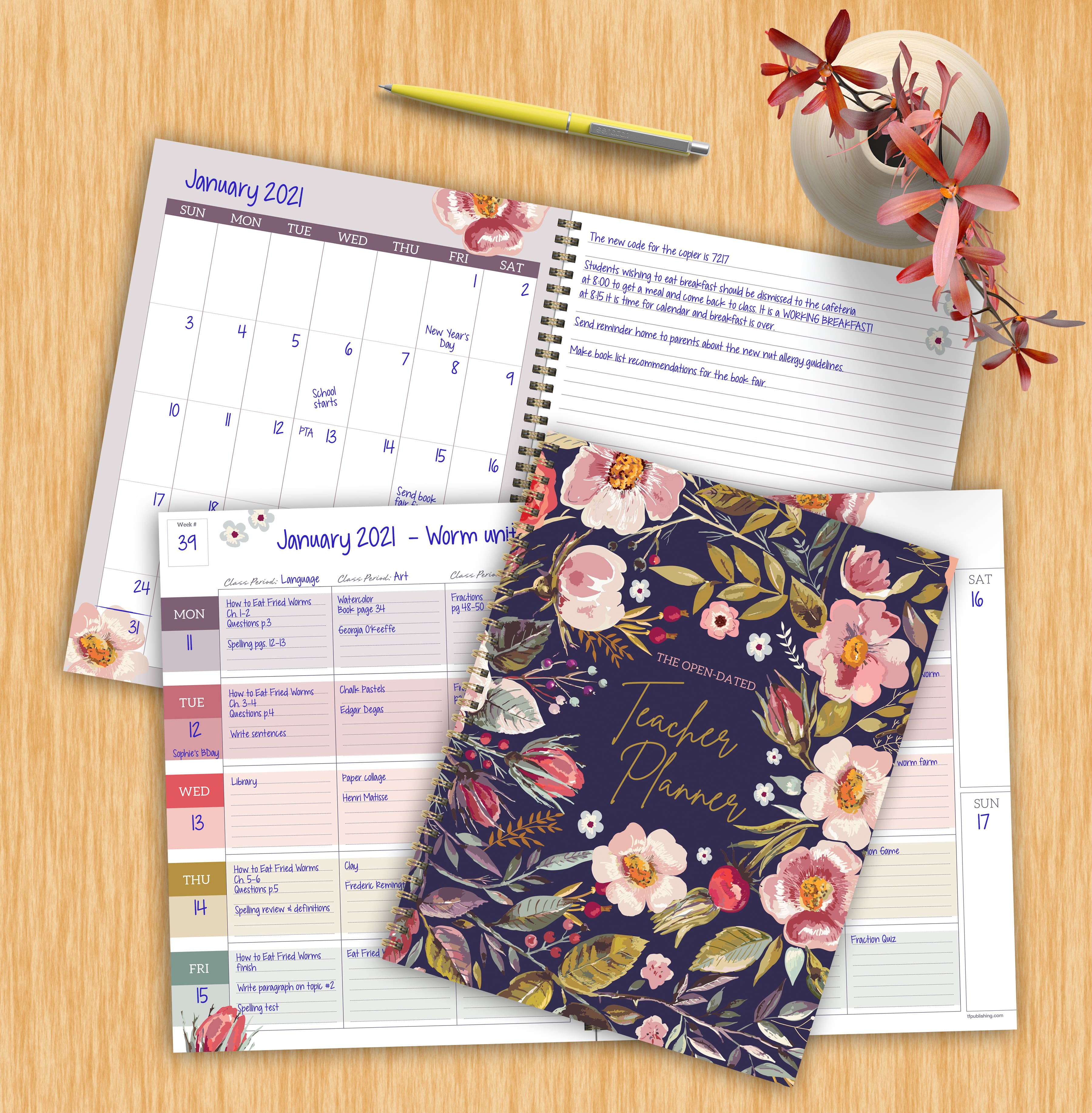 TF Publishing Large Navy Botanical Floral Undated Weekly Teacher Planner