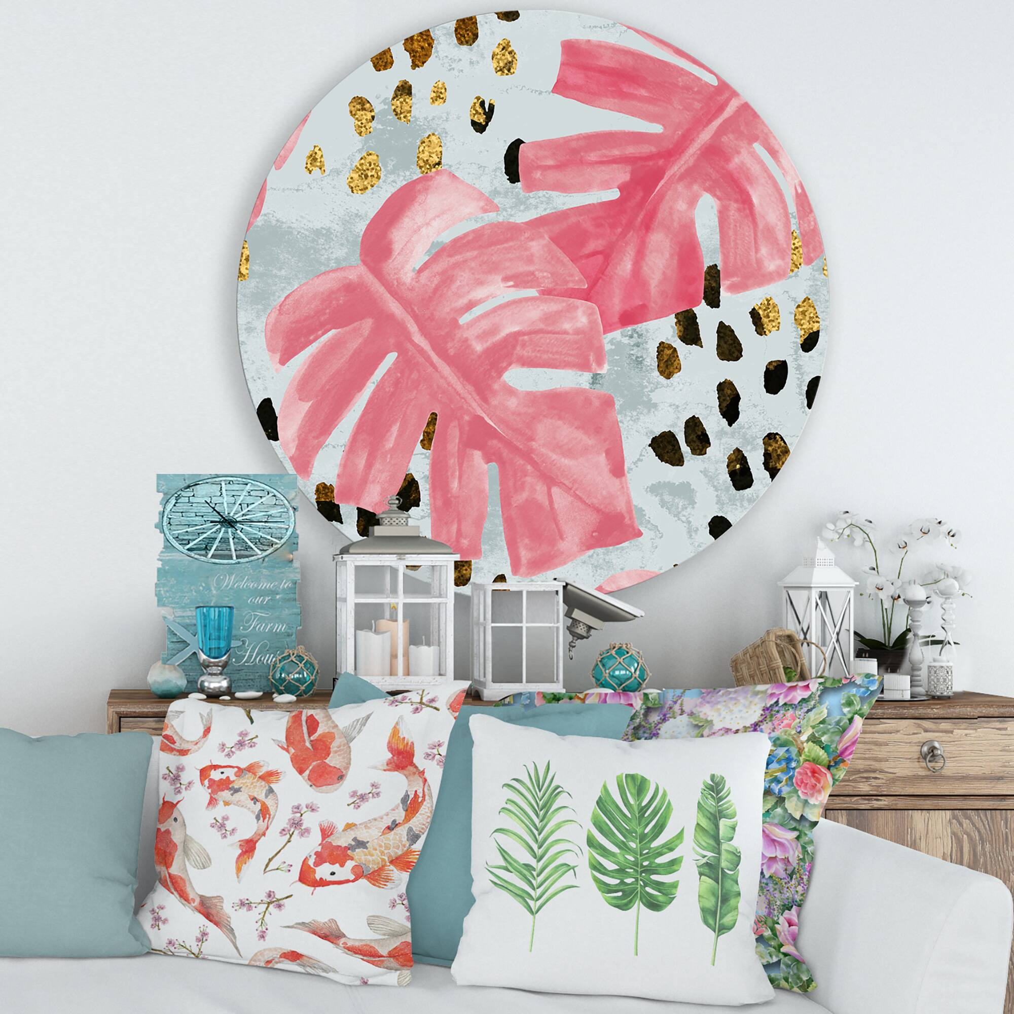 Designart - Pink Colored Monstera On Rough Brush Strokes II - Tropical Metal Circle Wall Art