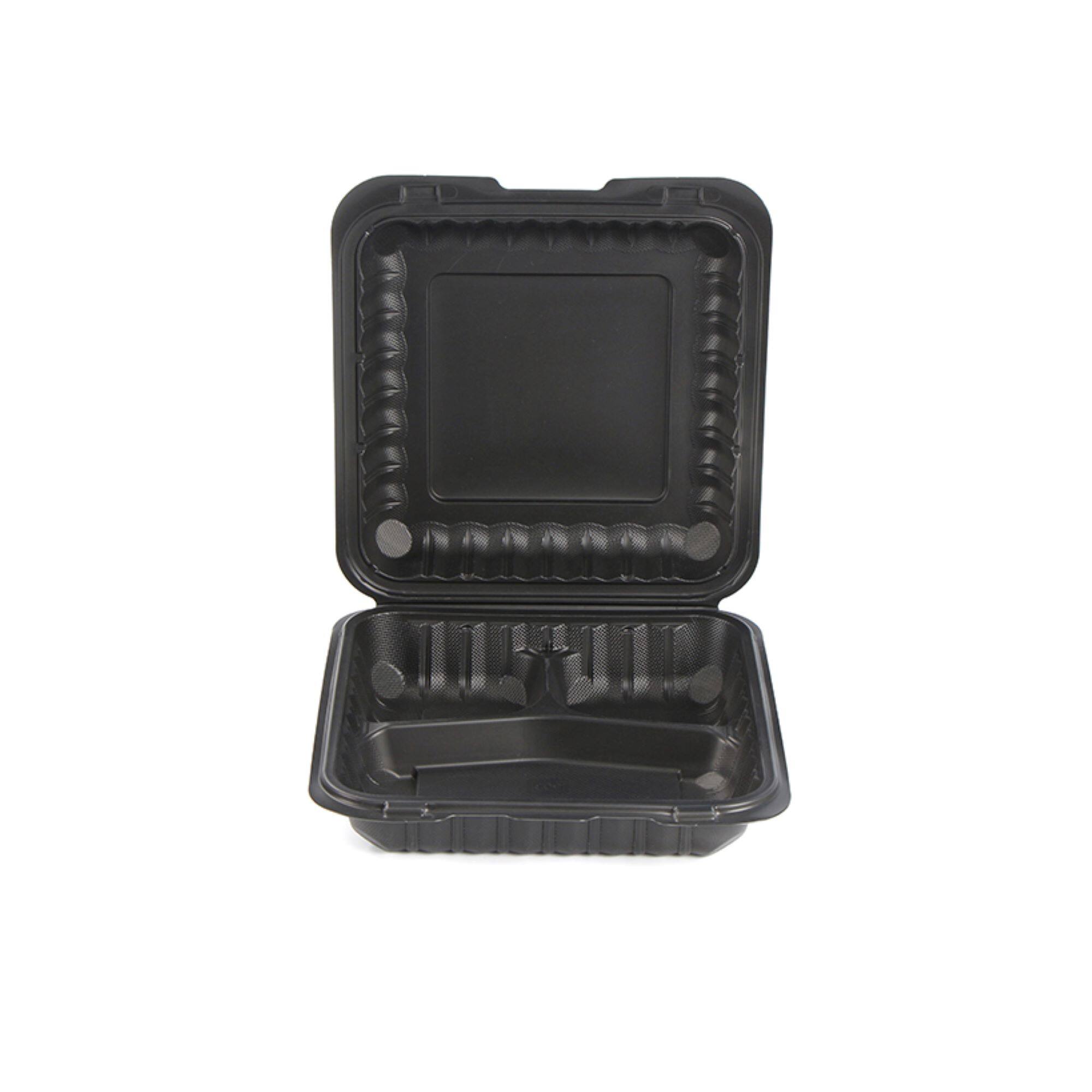 9" Black 3-Compartment Clamshell Take Out Containers, 150ct.