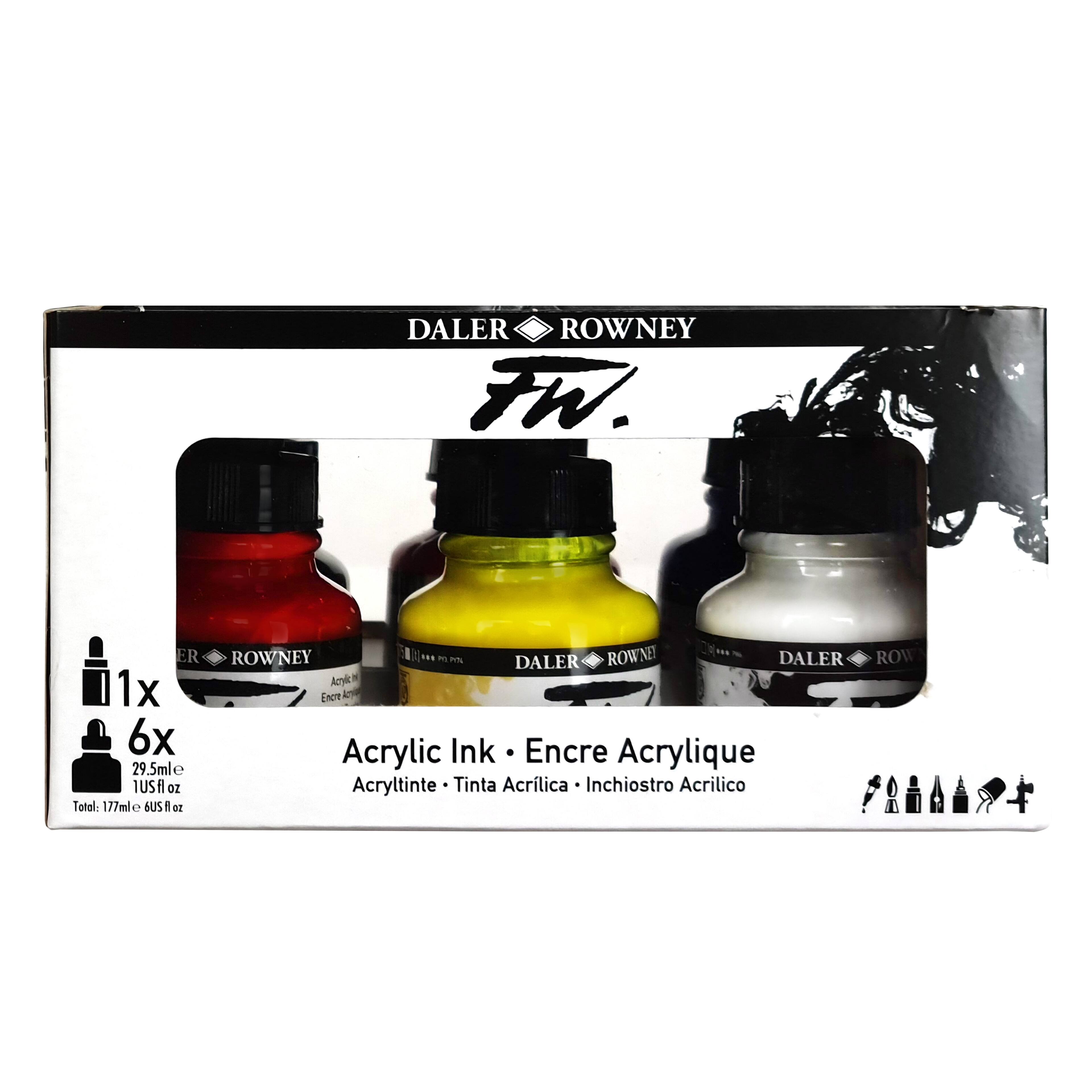 Daler-Rowney FW Acrylic Ink Bottle 6-Color Primary Set - Acrylic Set of  Drawing Inks for Artists and Students - Permanent Art Ink Calligraphy Set 