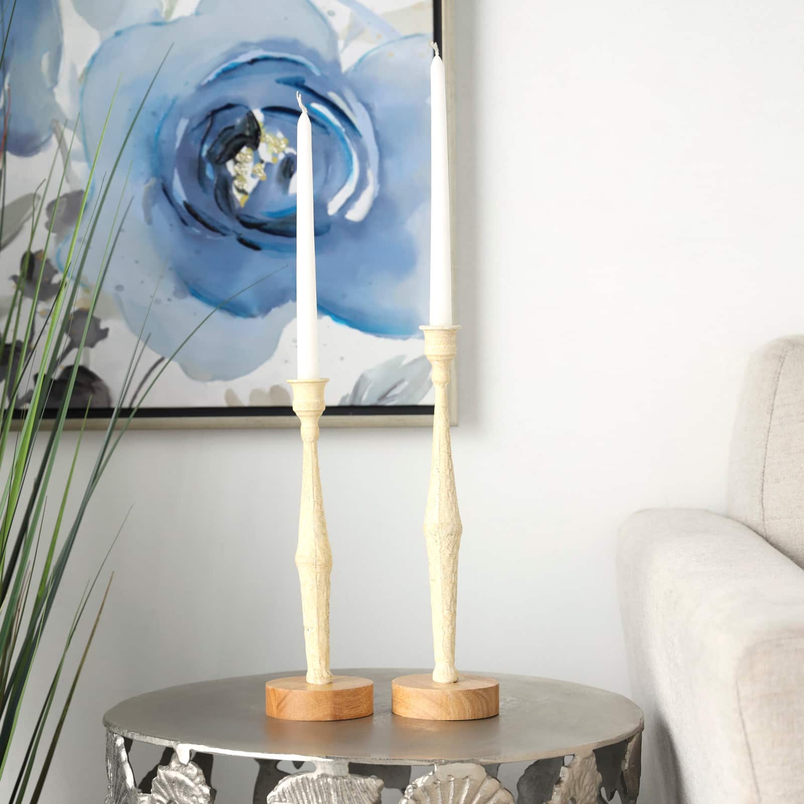 Cream Metal Textured Tapered Candle Holder Set