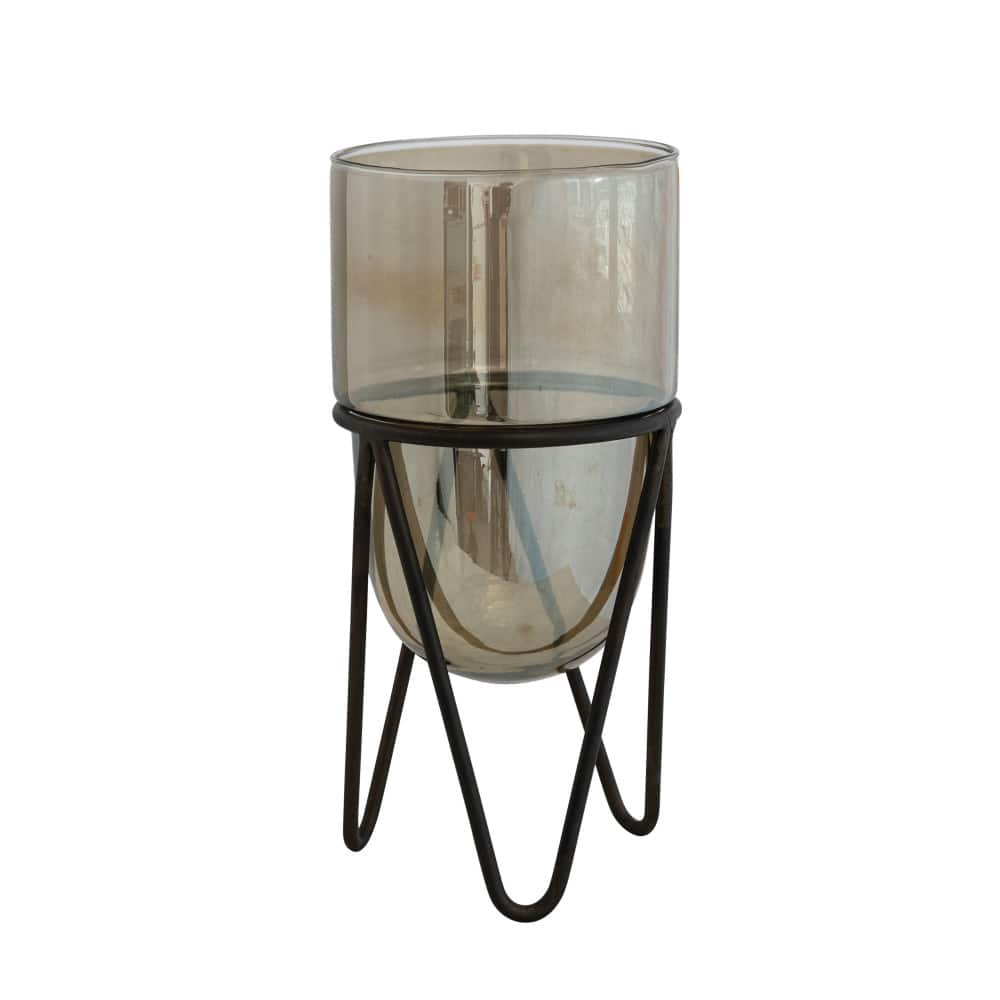Hello Honey&#xAE; Brown &#x26; Black Glass Pillar Candle Holder With Metal Stand