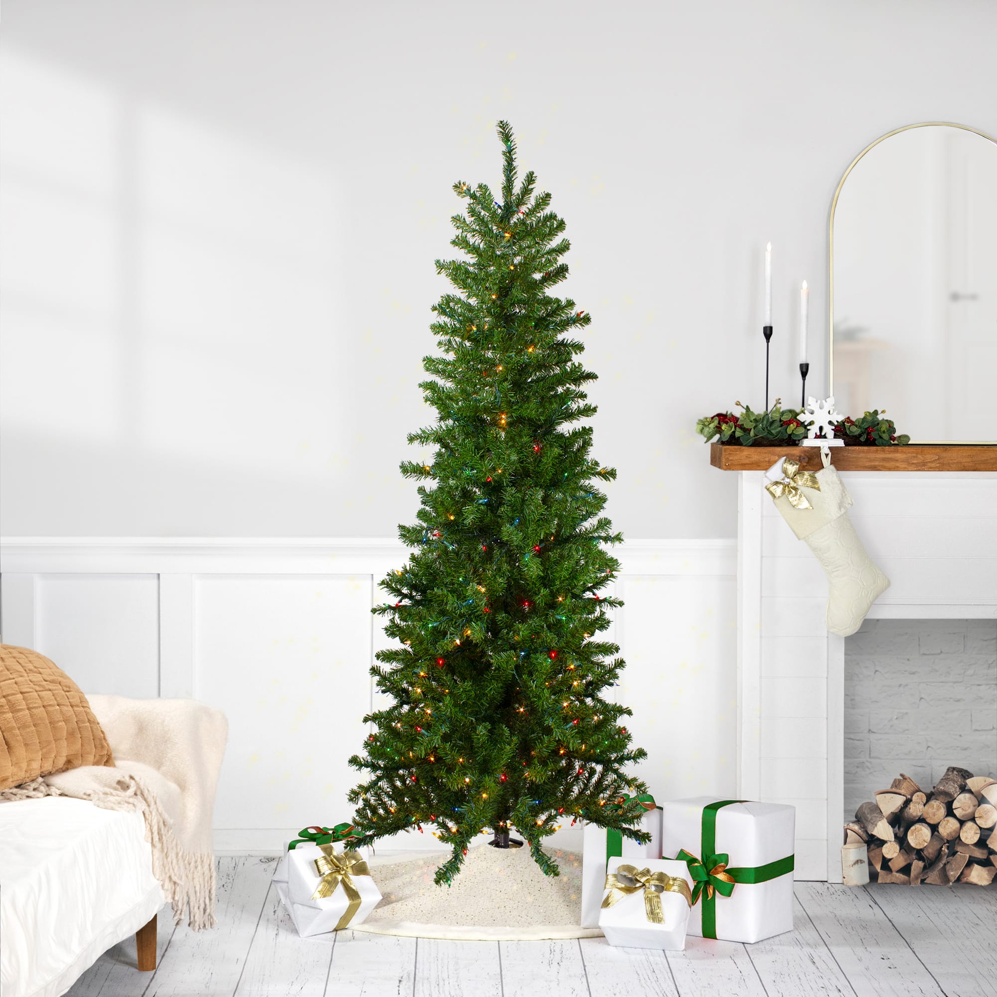 6.5ft. Pre-Lit Canadian Pine Pencil Artificial Christmas Tree, Multicolor Lights