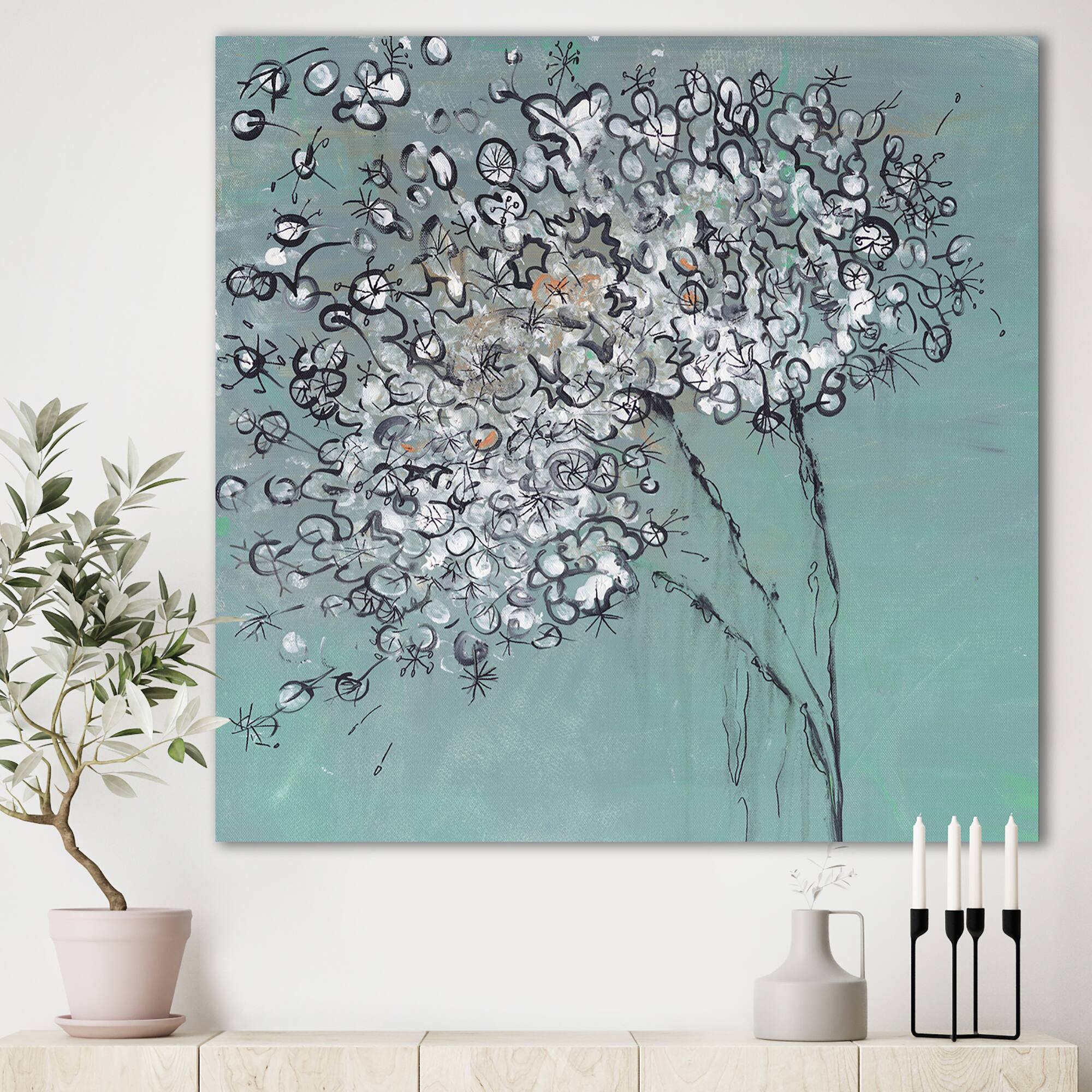 Designart - Teal Blossoming Dandelion - Modern & Contemporary Canvas Art Print