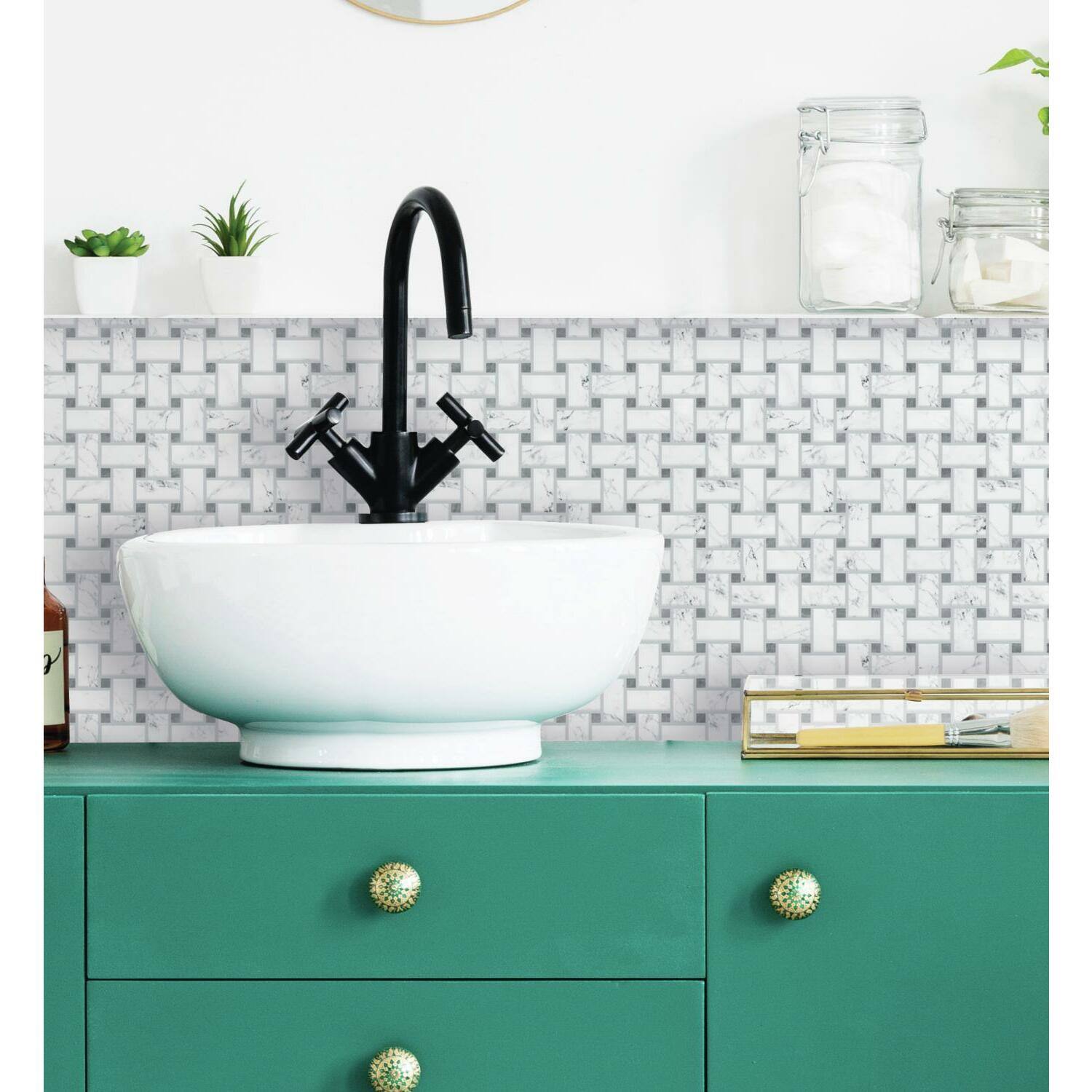 RoomMates Basketweave Carrara Marble Peel &#x26; Stick Backsplash StickTiles&#xAE;