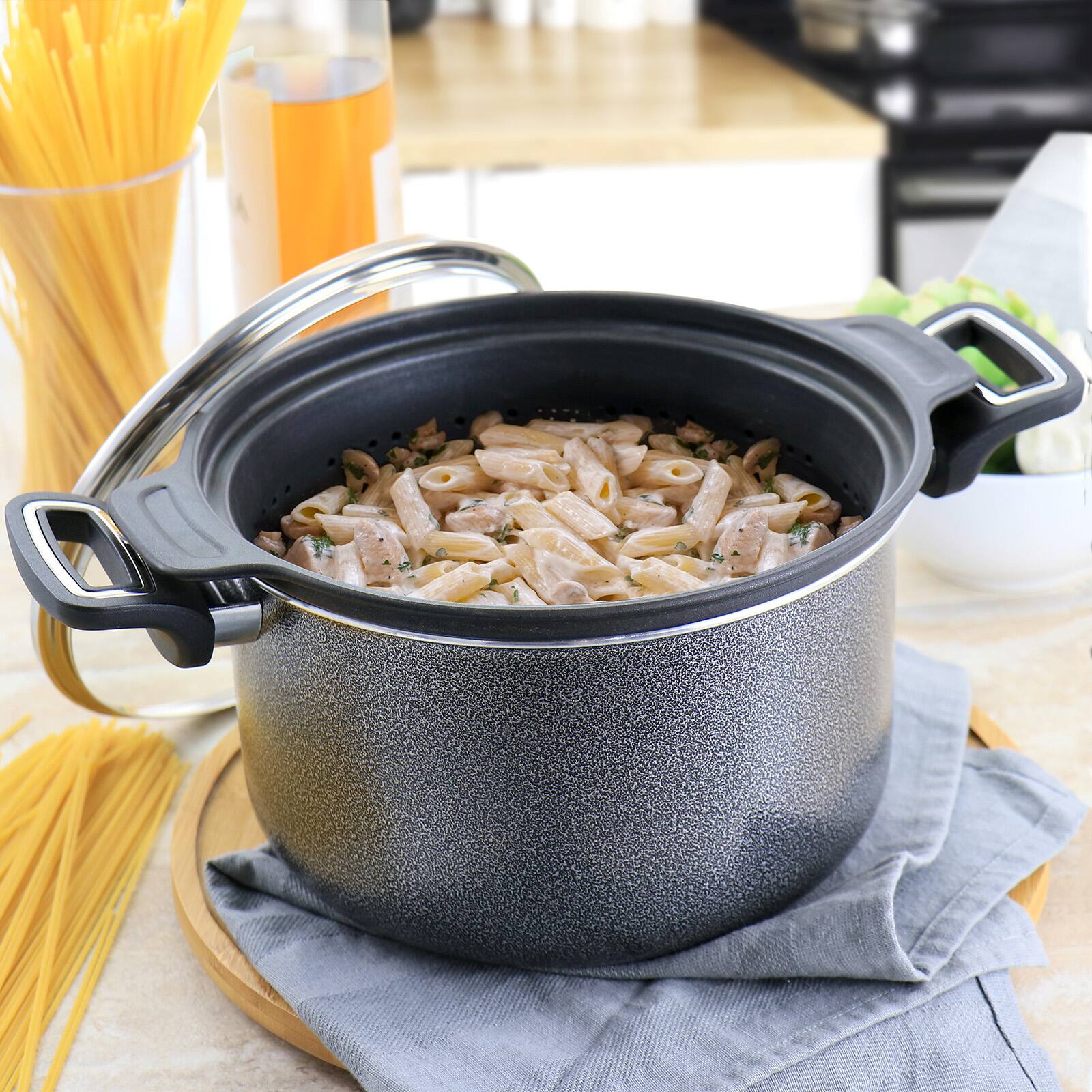 Oster Clairborne 3-Piece Charcoal Gray Aluminum Nonstick Pasta Pot with Lid