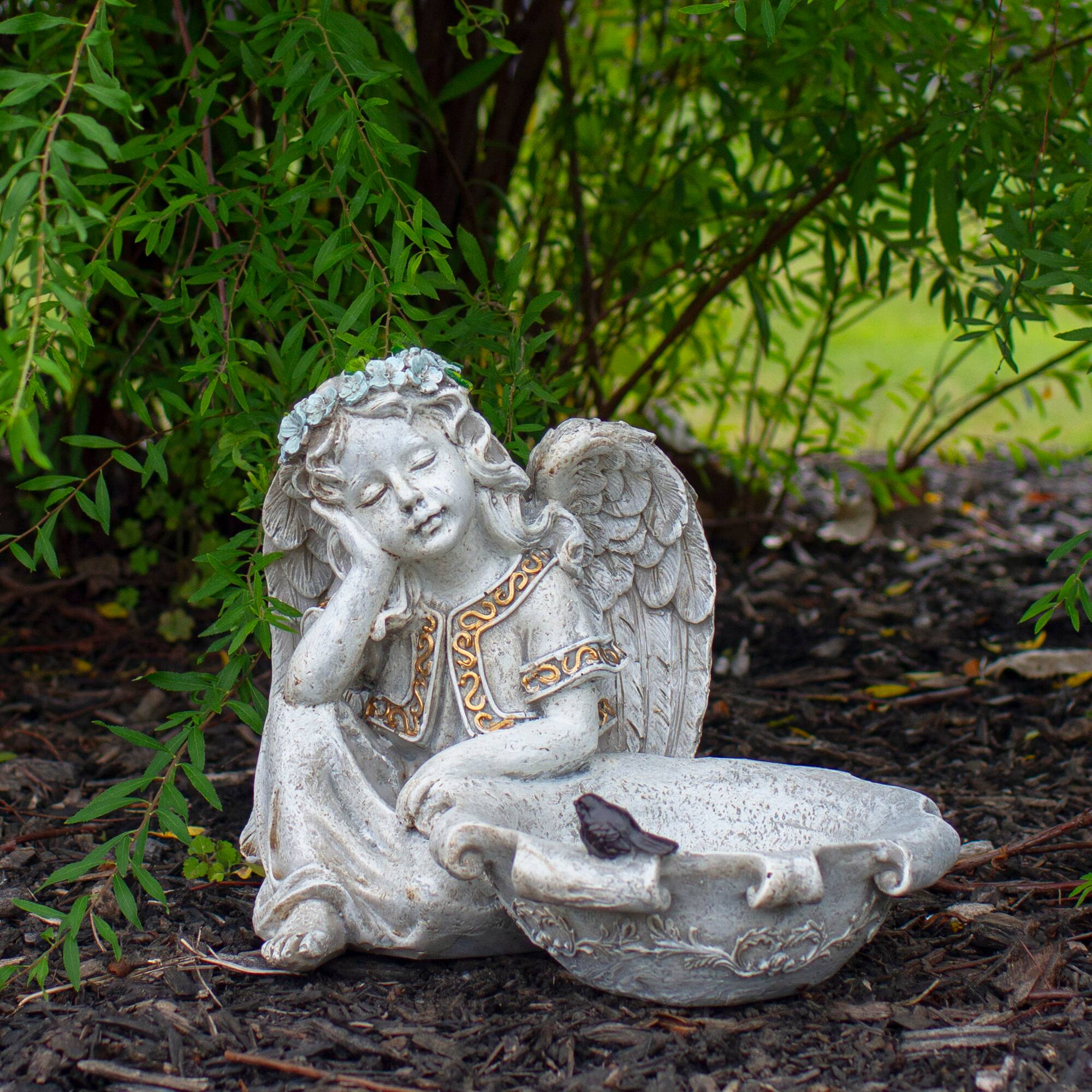 12.25&#x22; Sitting Angel Bird Feeder Outdoor Garden Statue
