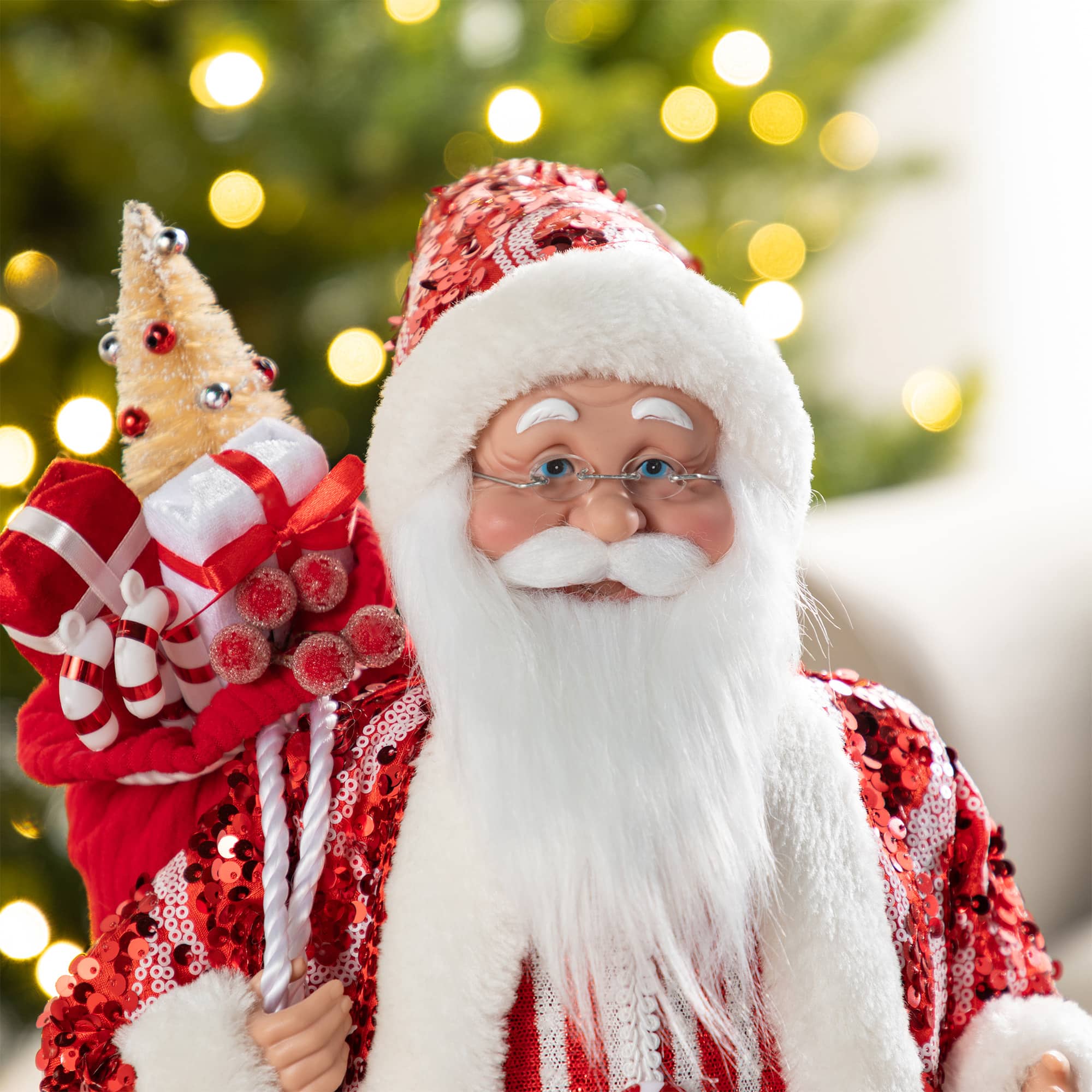 Glitzhome&#xAE; 18&#x22;H Faux Fur Christmas Peppermint Santa Figurine
