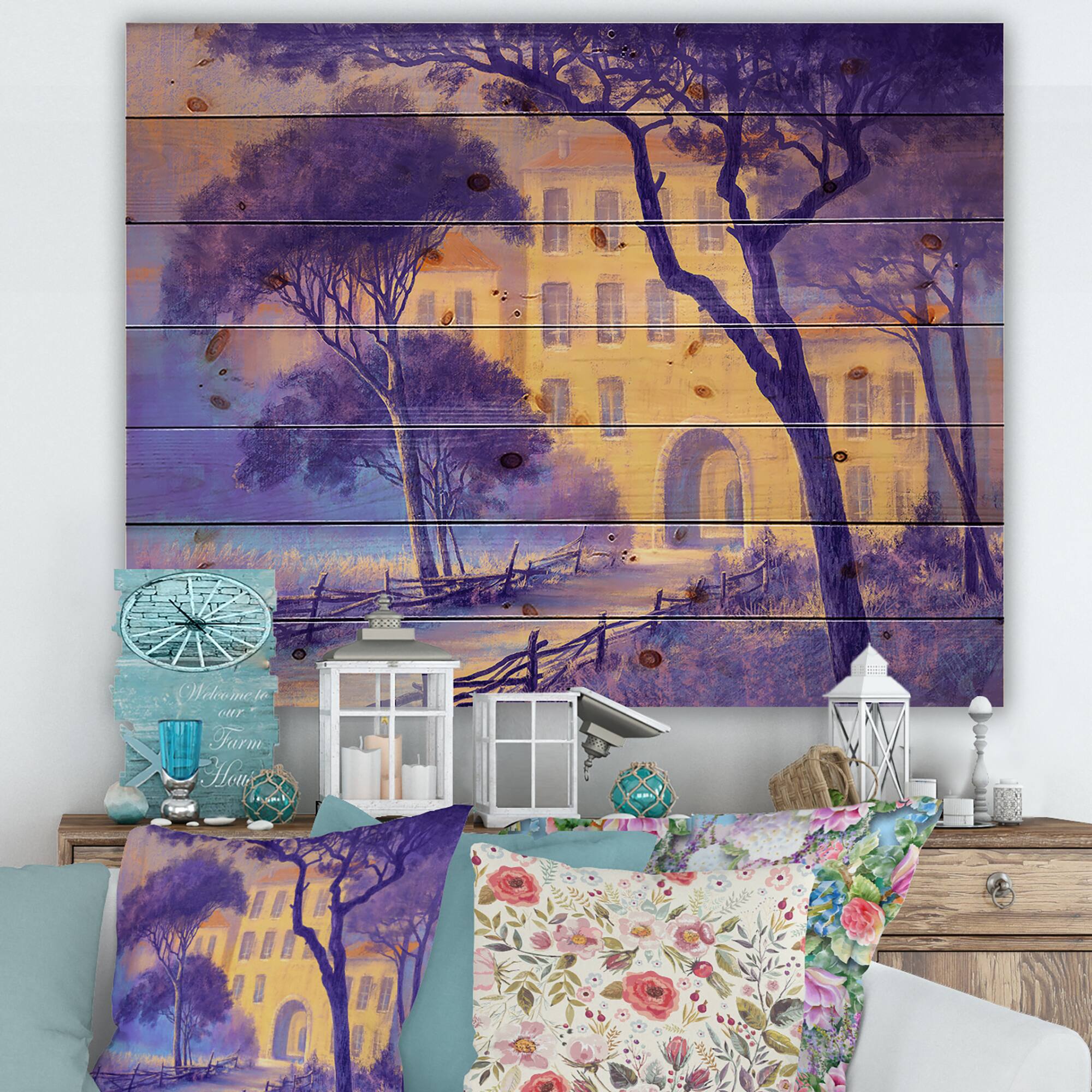 Designart - Street Landscape On Footpath &#x26; Trees In A City - Traditional Print on Natural Pine Wood