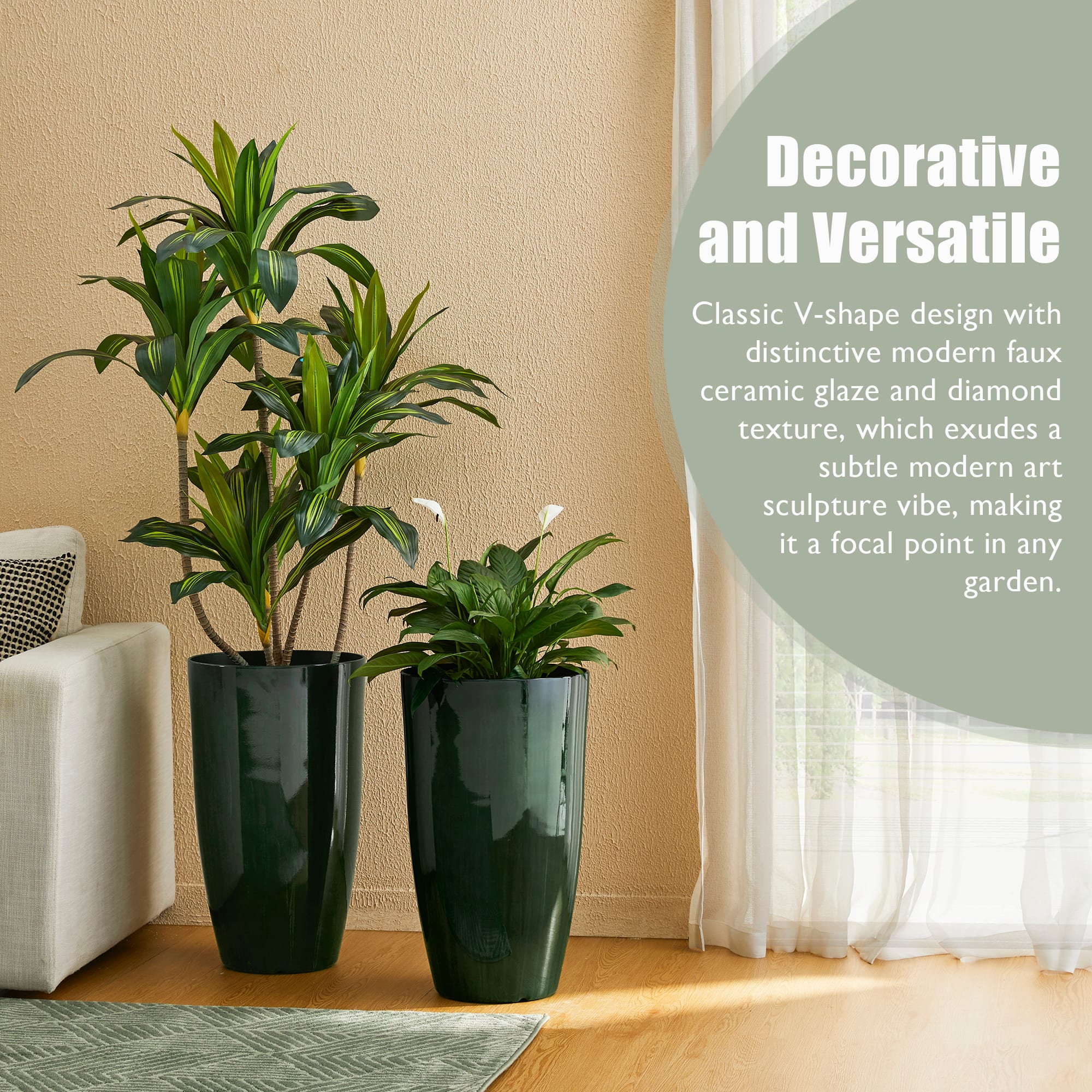 Glitzhome&#xAE; 23.5&#x22; Gradient Green Faux Ceramic Tall Plastic Planters, 2ct.