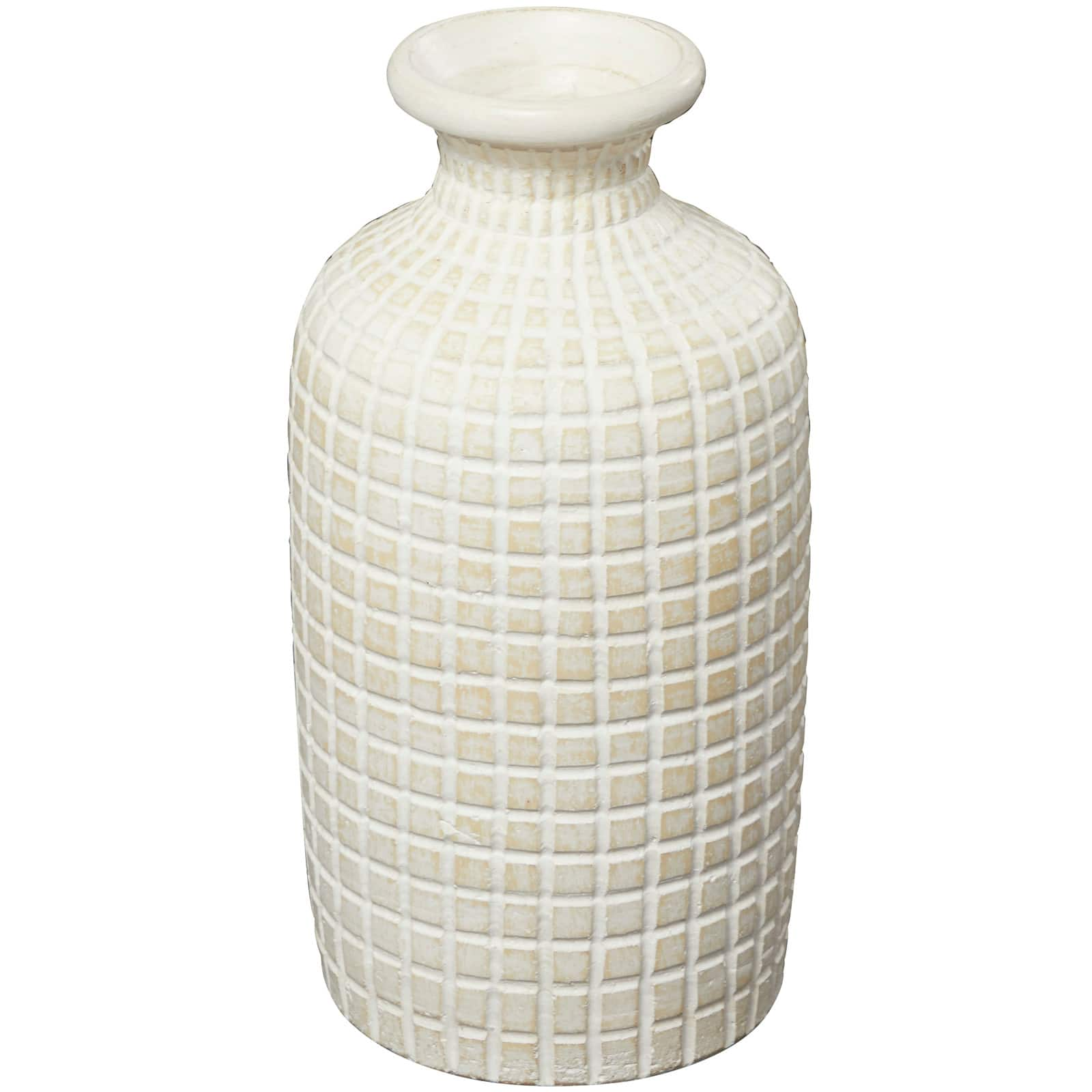 Cream Ceramic Textured Geometric Vase with Checkered Pattern