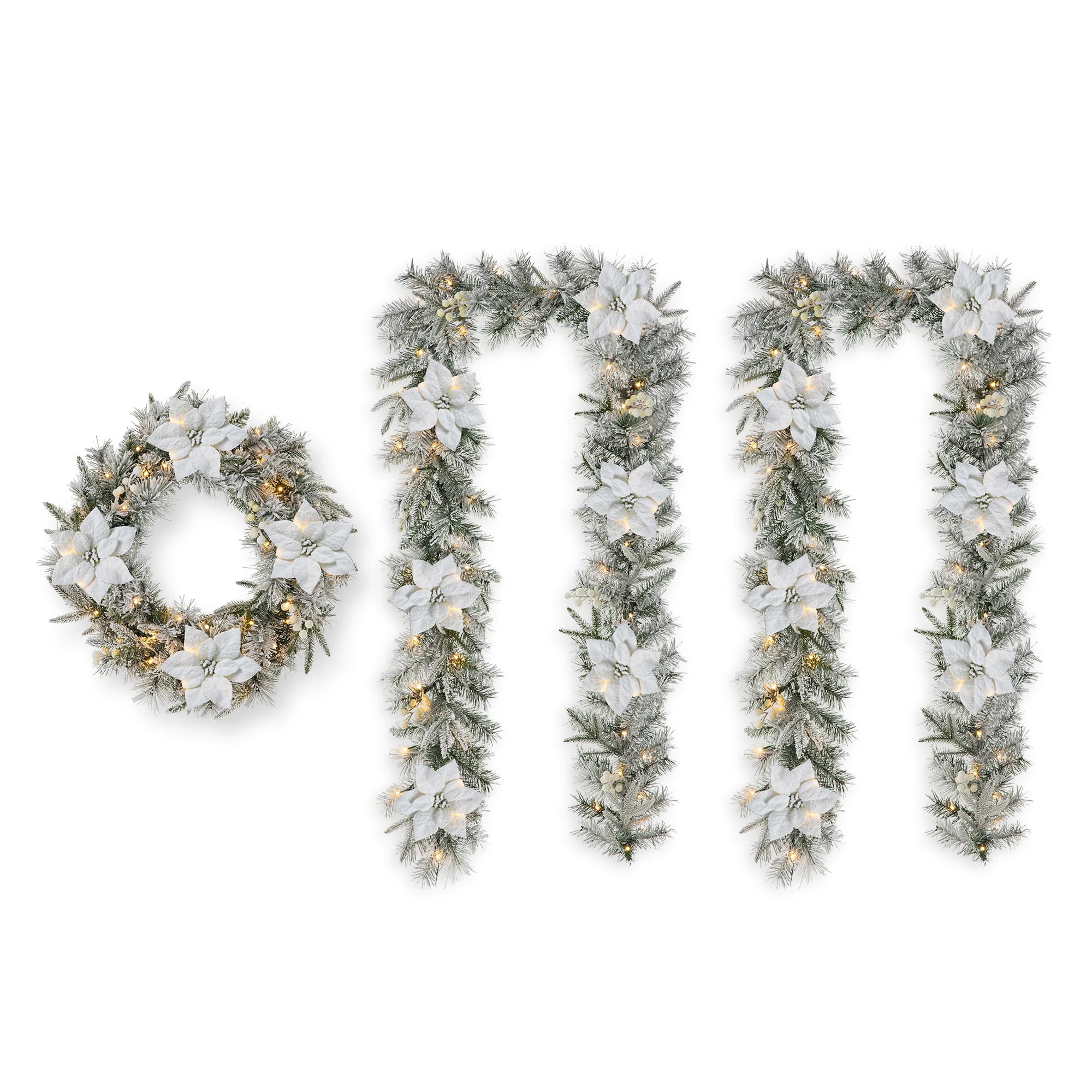 Glitzhome&#xAE; 24&#x22; Pre-Lit Snow Flocked Greenery Pine Poinsettia Christmas Wreath &#x26; Matched 2 Pack 9ft. Garland Set