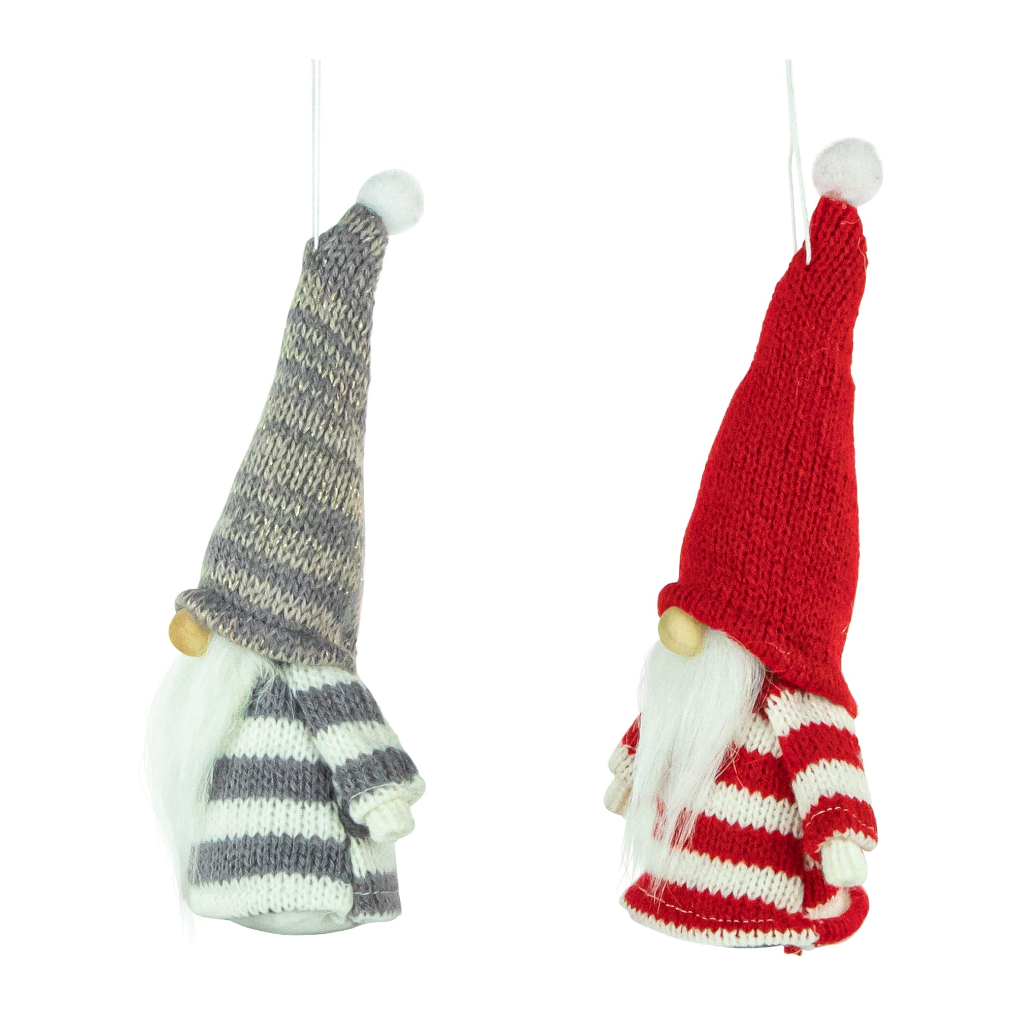 Set of 2 Red and Gray Striped Gnome Plush Christmas Ornaments 6.25"