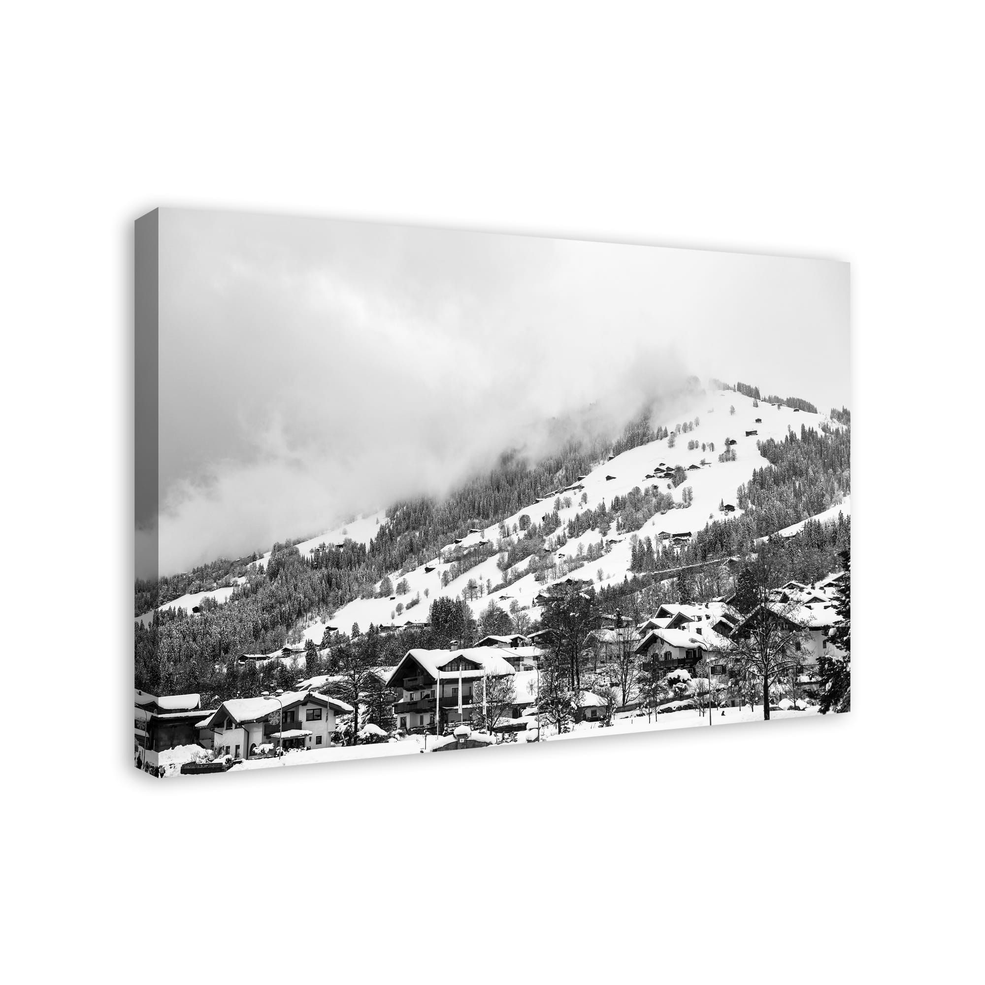 Grayscale Mountain Homes 36x24 Canvas Wall Art