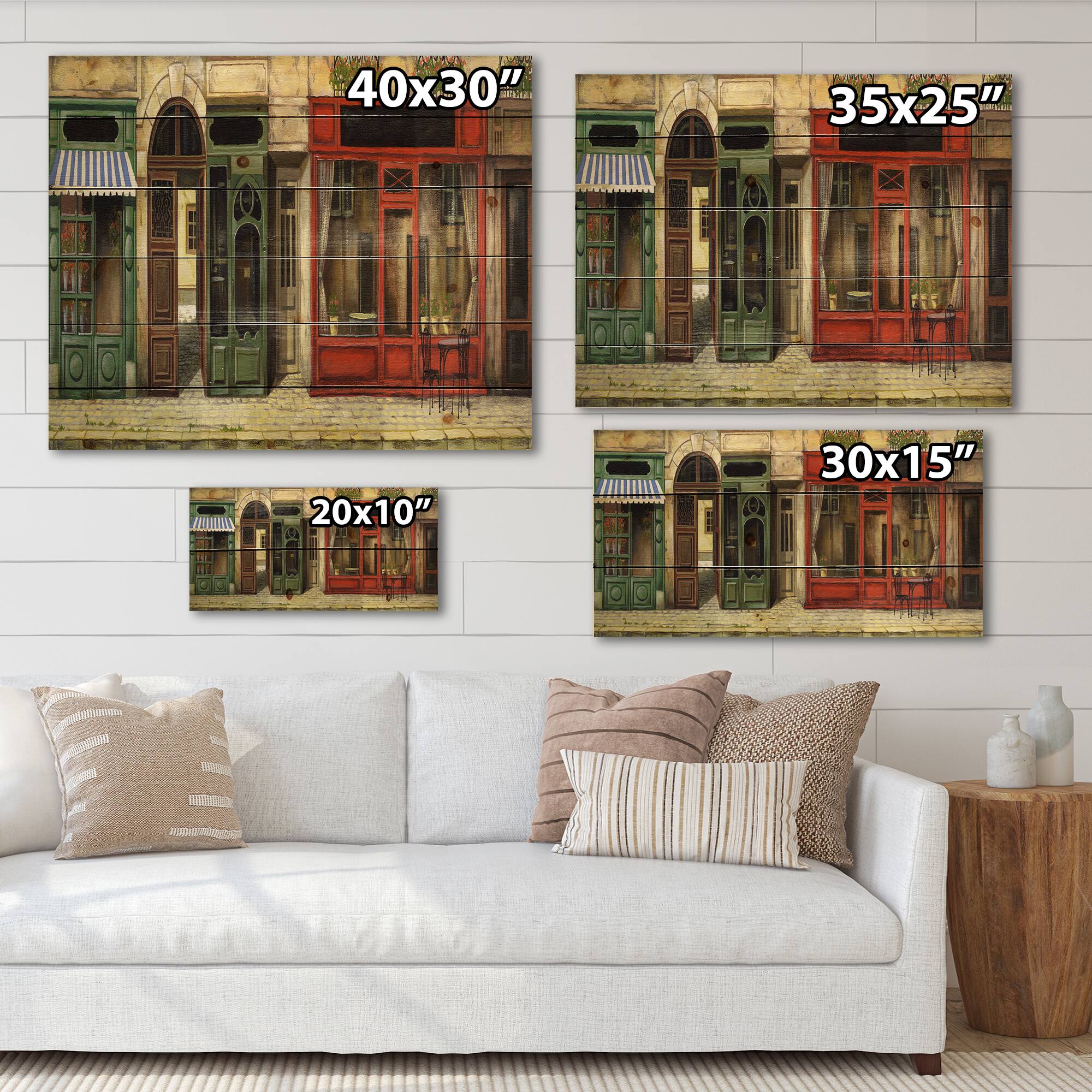 Designart - Red Facade of Charming Shop In Paris II - French Country Print on Natural Pine Wood