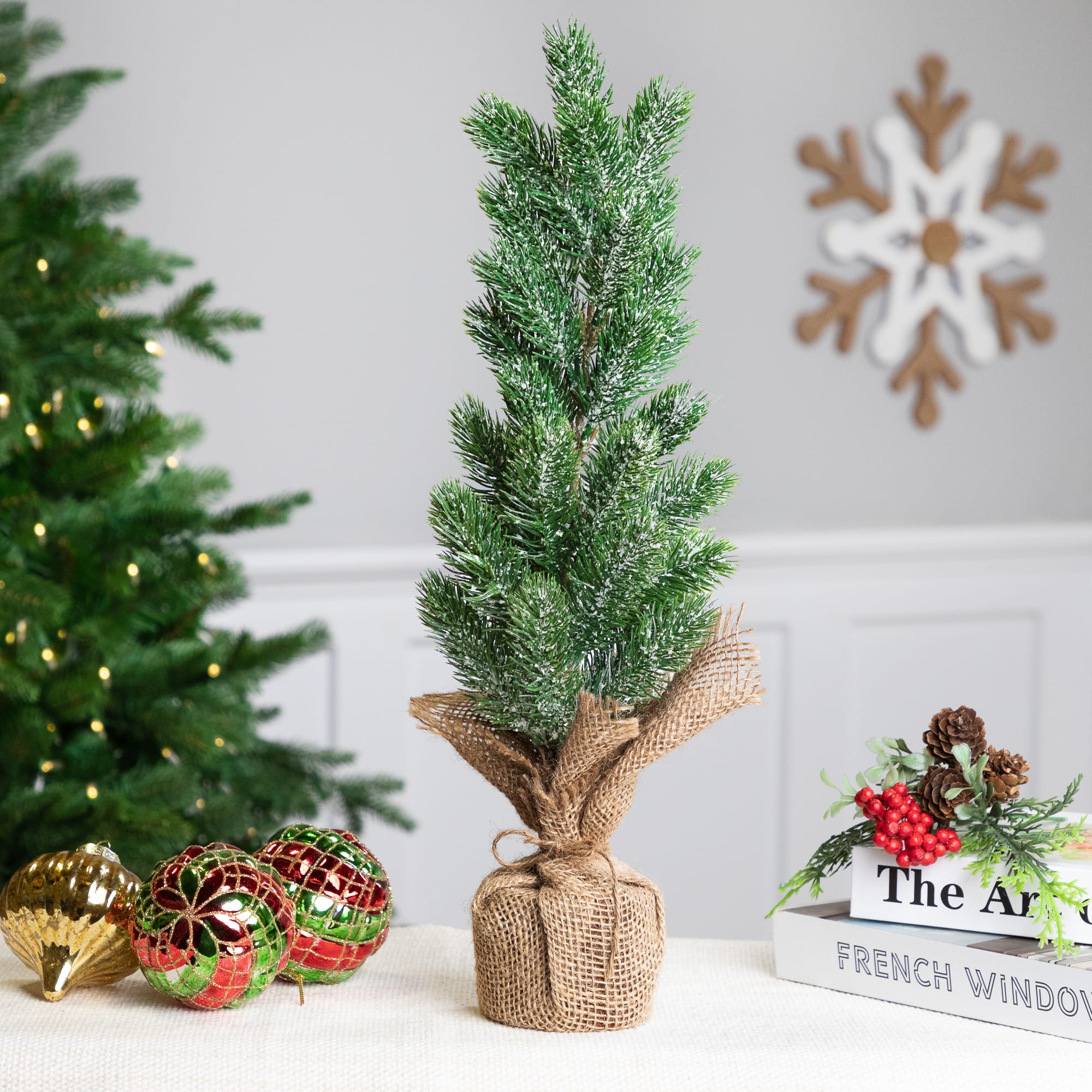 17.5" Unlit Frosted Pine Christmas Tree in Burlap Base