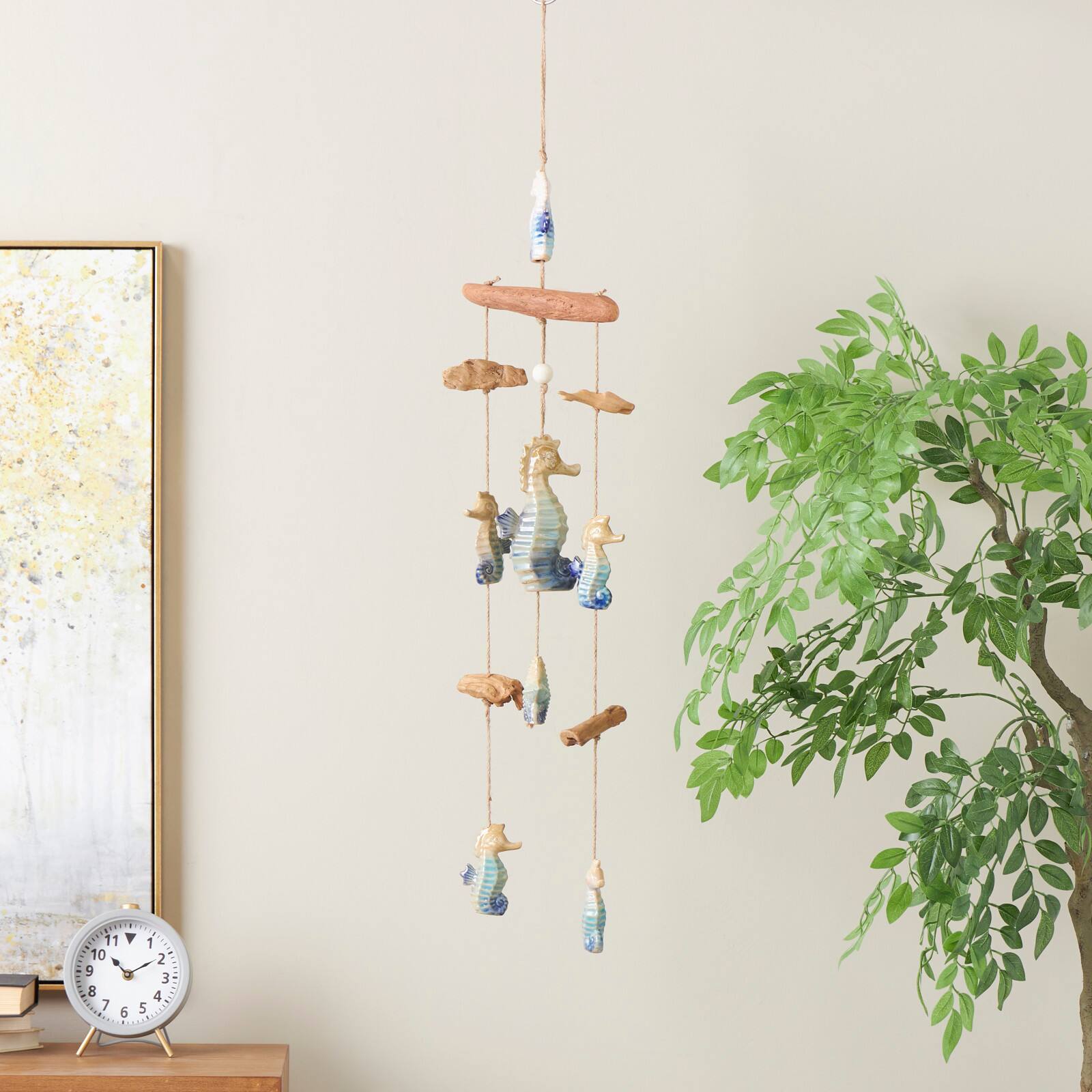 41&#x22; Blue Ombre Ceramic Starfish &#x26; Seahorse Windchime with Driftwood Accents