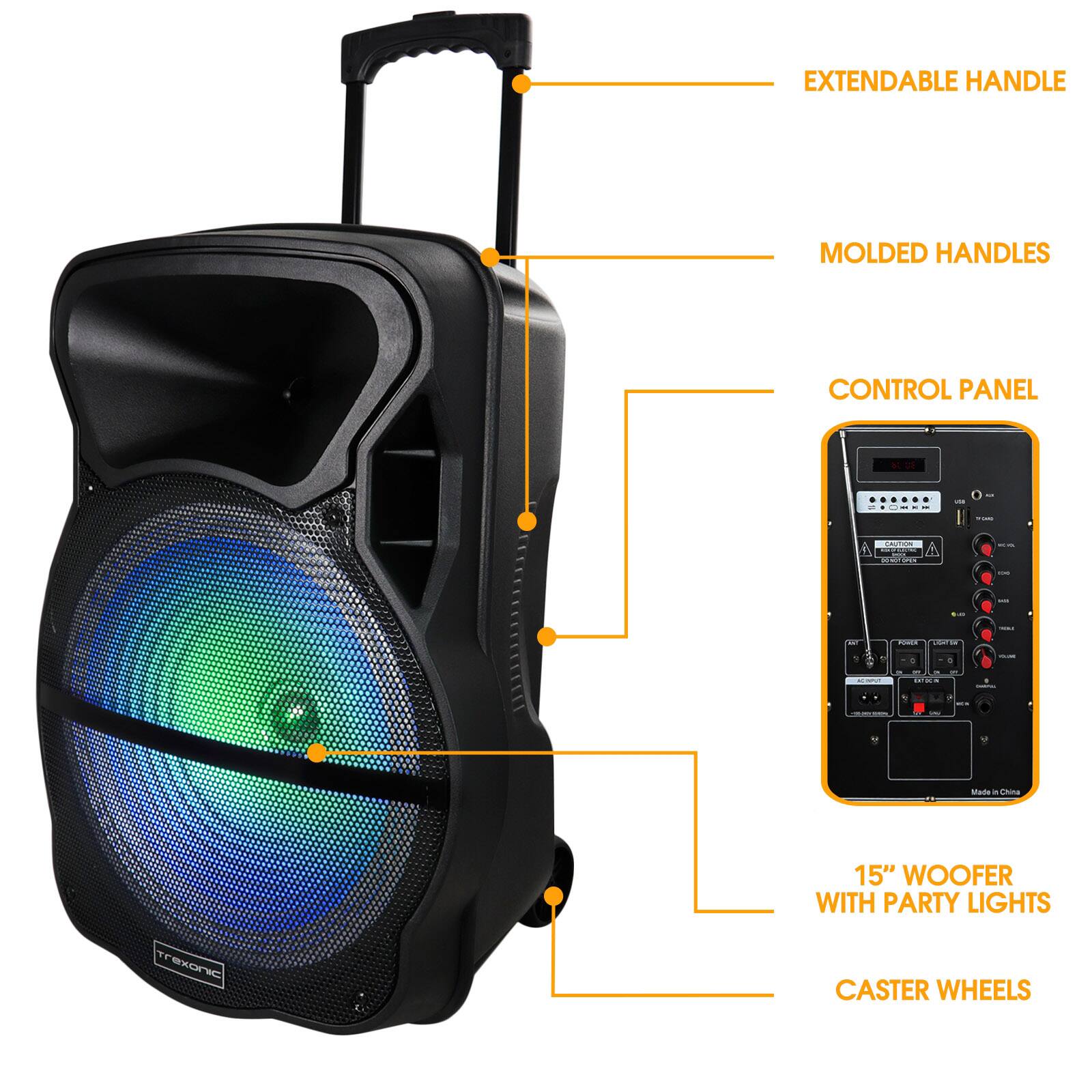 Trexonic Combination 15" Bluetooth Portable Speaker and Tripod Stand With Reactive Lights