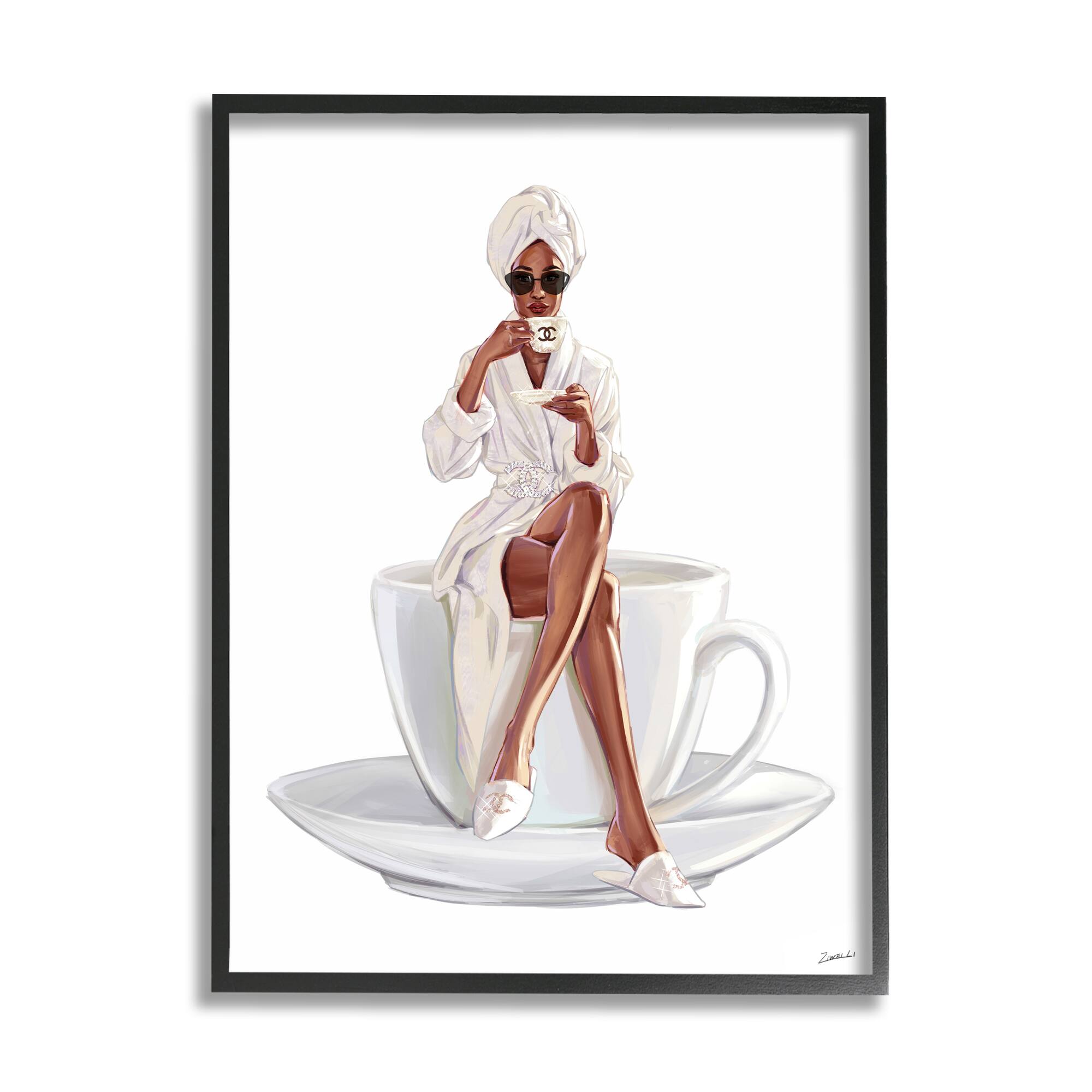 Stupell Industries Chic Coffee Teacup Woman Sipping Robe Sunglasses Framed Giclee Art
