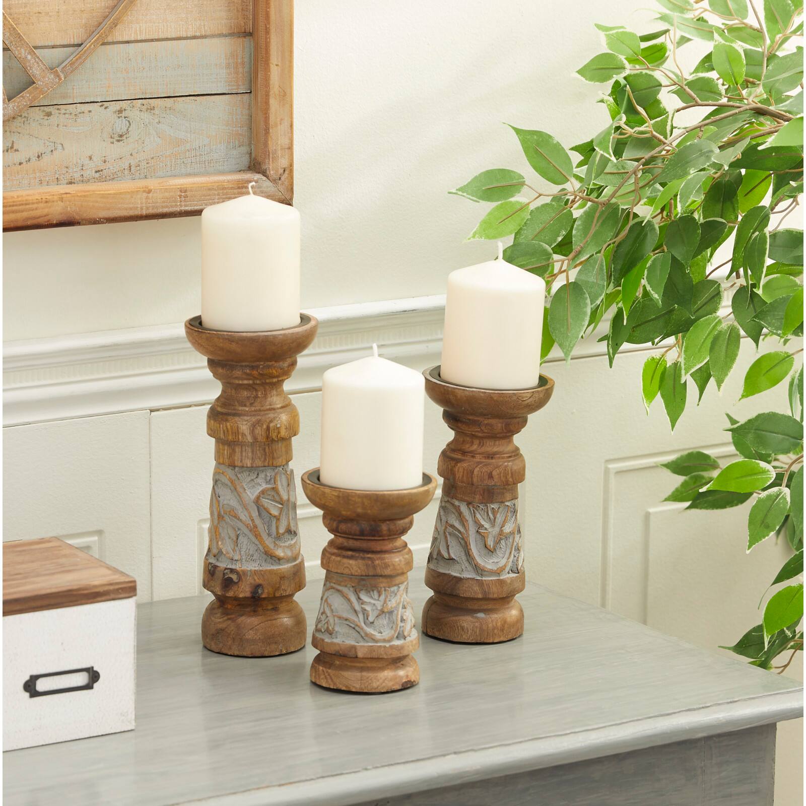 Bronze Mango Wood Country Cottage Candle Holder Set