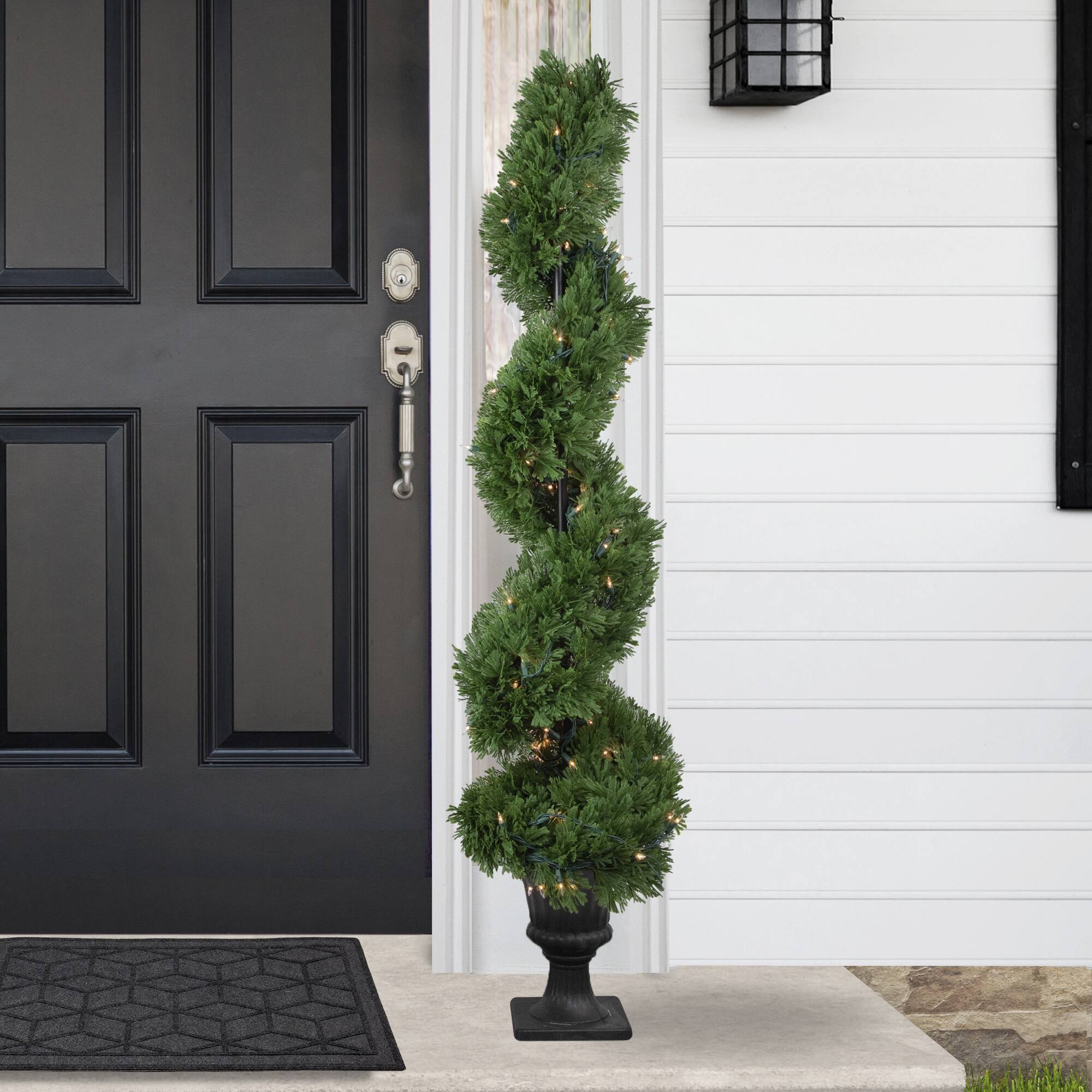 4.5ft. Pre-Lit Artificial Cedar Spiral Topiary Tree in Urn Style Pot, Clear Lights
