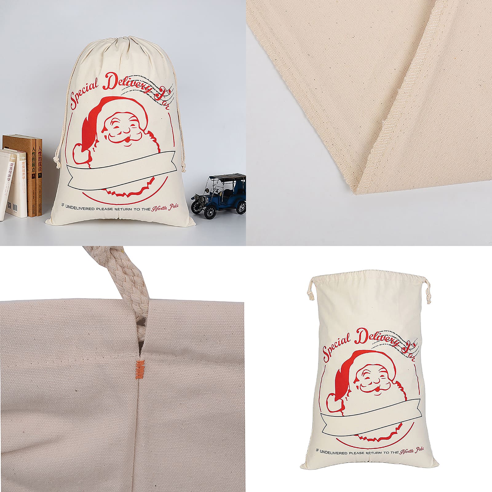 Personality Case&#x2122; 19&#x22; x 26&#x22; Cotton Natural Santa Drawstring Bag