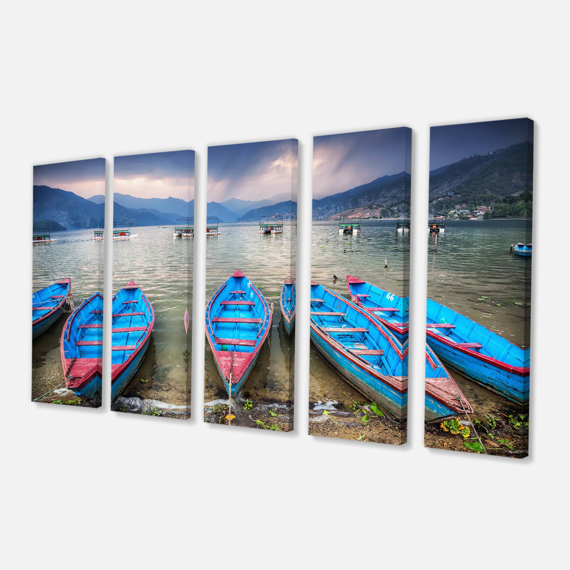 Designart - Row of Blue Boats in Pokhara Lake - Boat Canvas Art Print