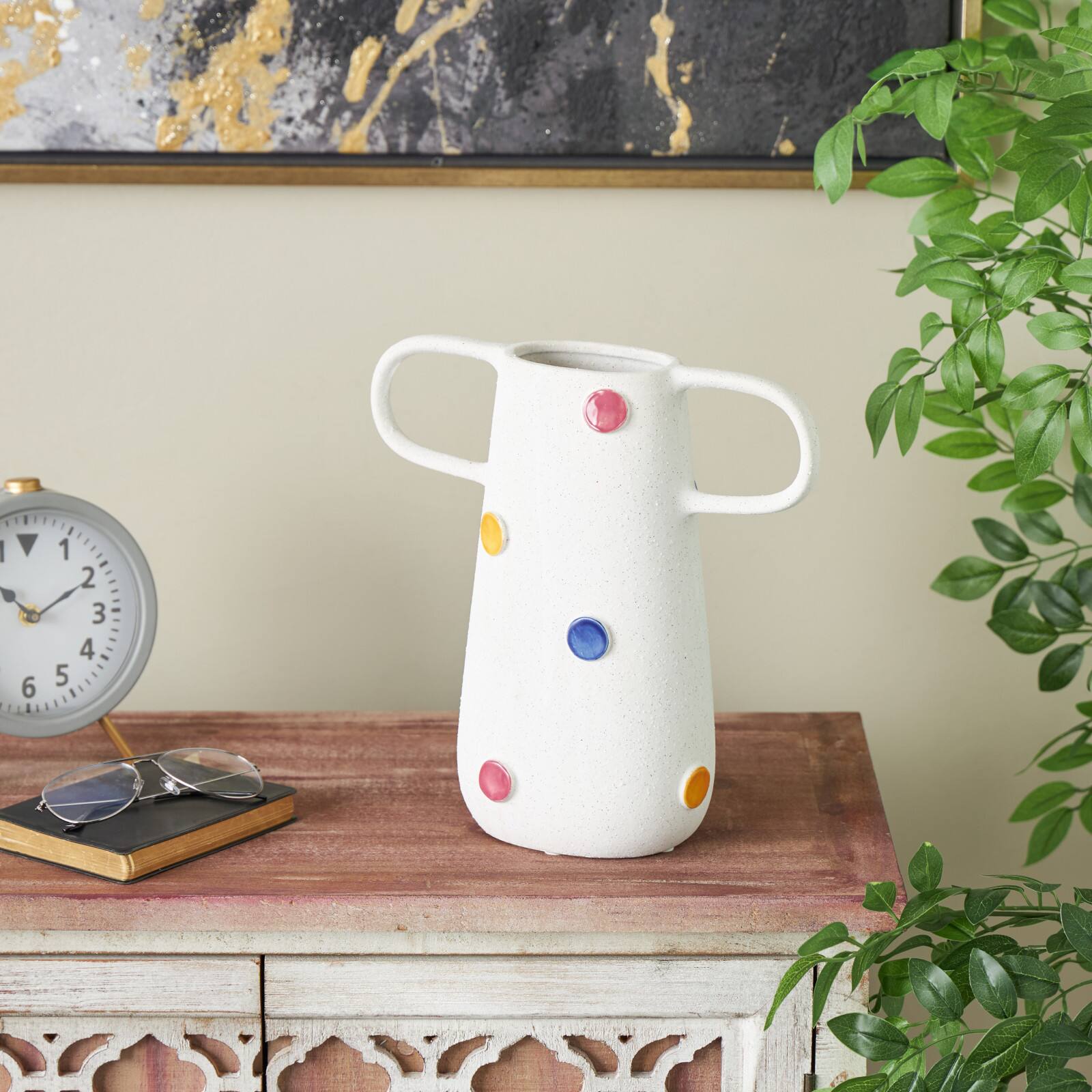 11.25" Multicolor & White Polka Dot Ceramic Vase with Handles