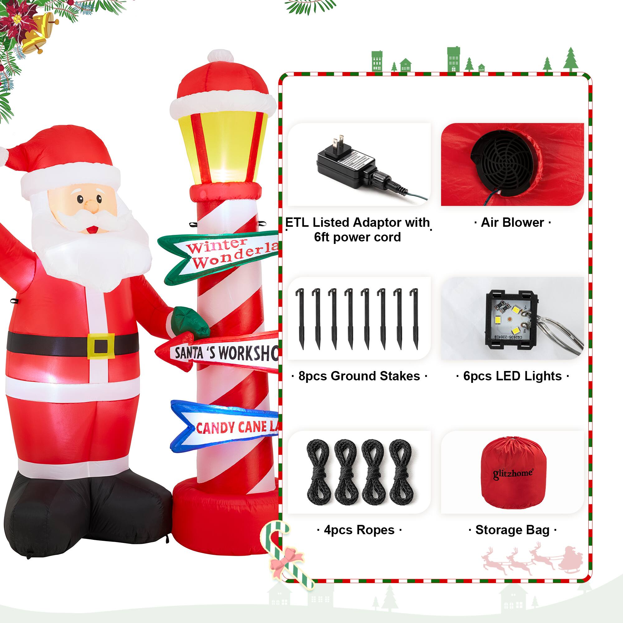 Glitzhome&#xAE; 7FT Lighted Inflatable Santa with Lamp Post Sign Decor