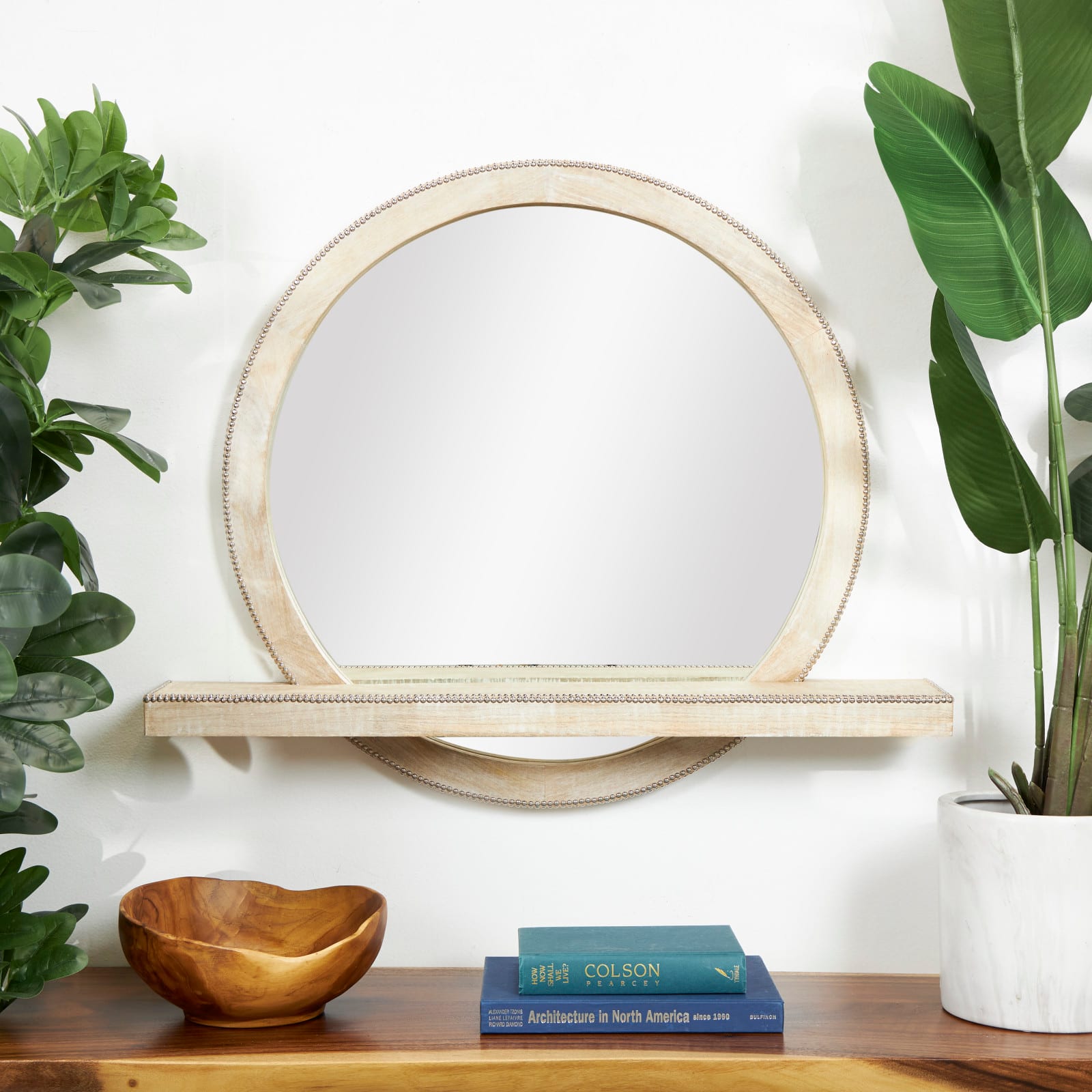 36&#x22; Light Brown Wall Mirror with Silver Beaded Outline