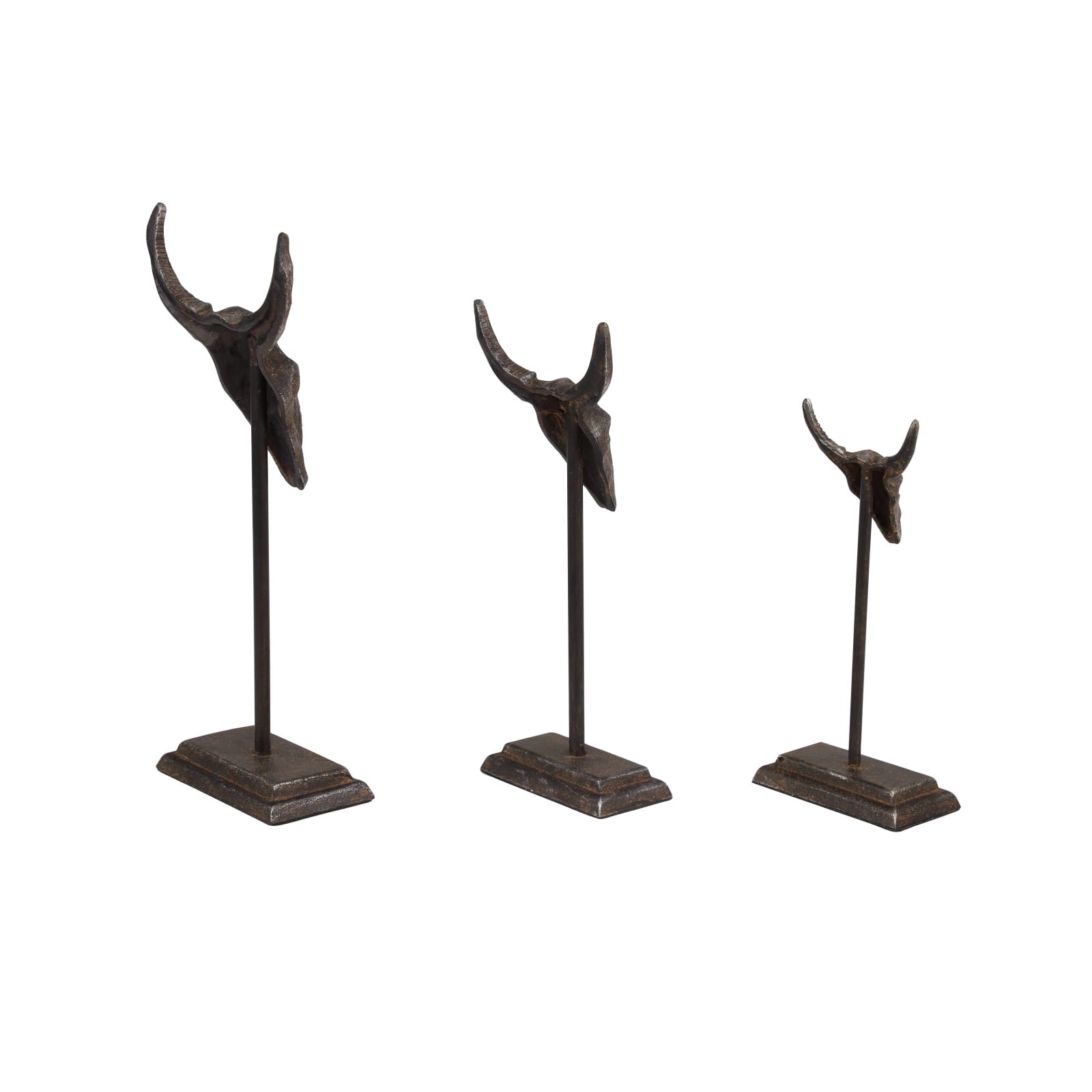 Set of 3 Grey Metal Eclectic Bull Sculpture, 15&#x22;, 12&#x22;, 10&#x22;