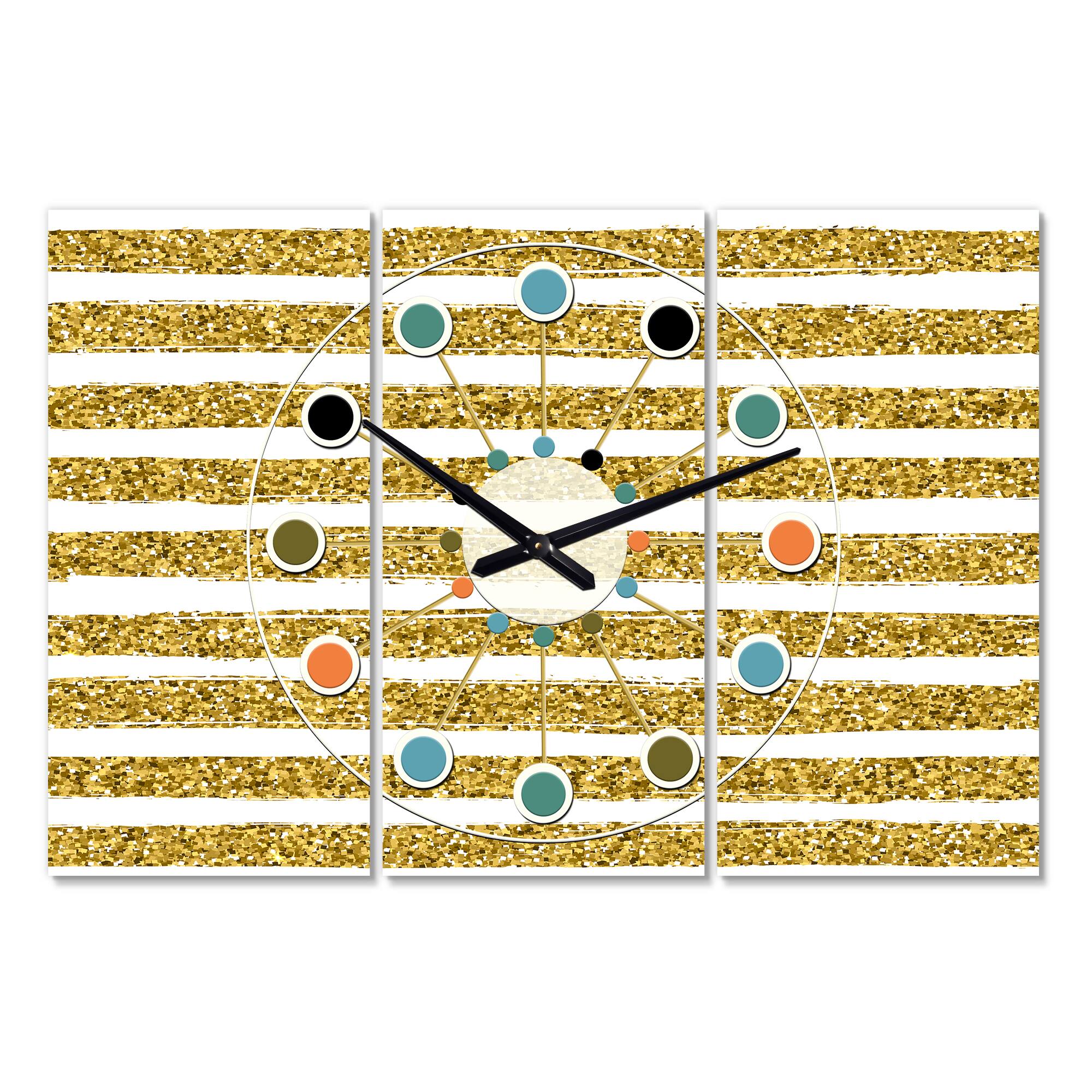 Designart 'Golden Horizontal Lines Oversized Mid-Century Modern Multipanel Wall Clock