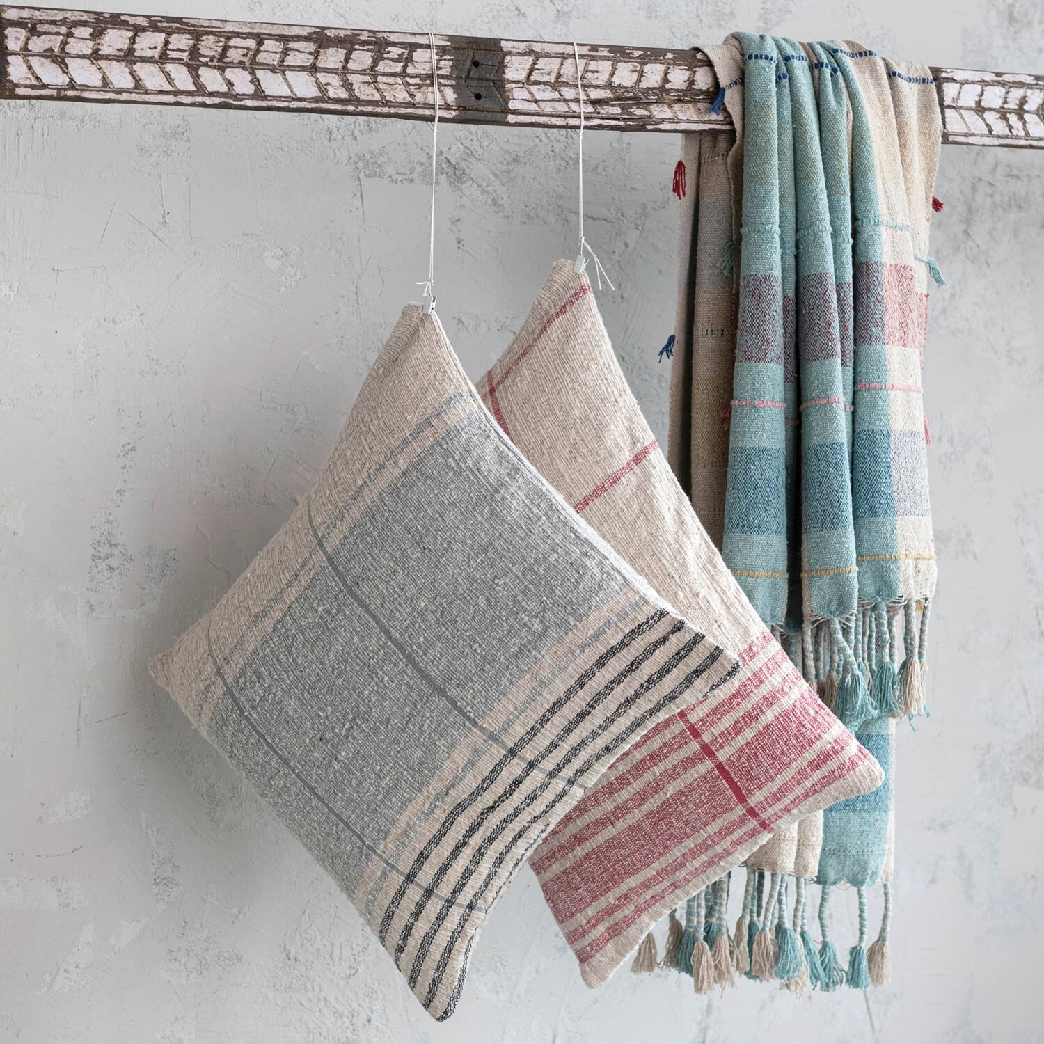 Hello Honey® Natural & Red Grid Pattern Cotton Slub Lumbar Pillow