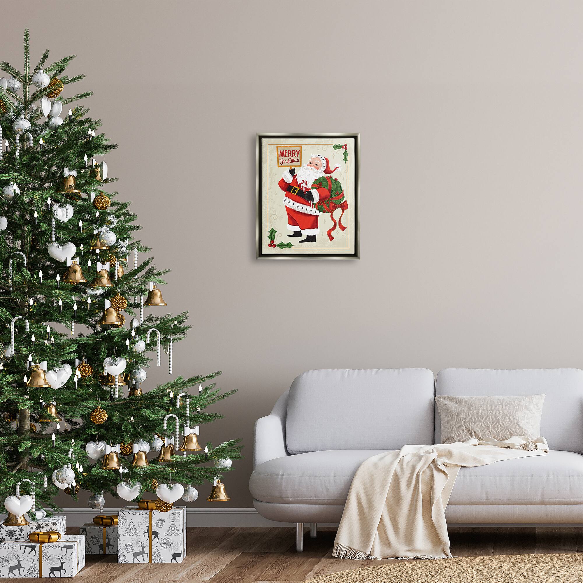 Stupell Industries Vintage Merry Christmas Santa Framed Floater Canvas Wall Art