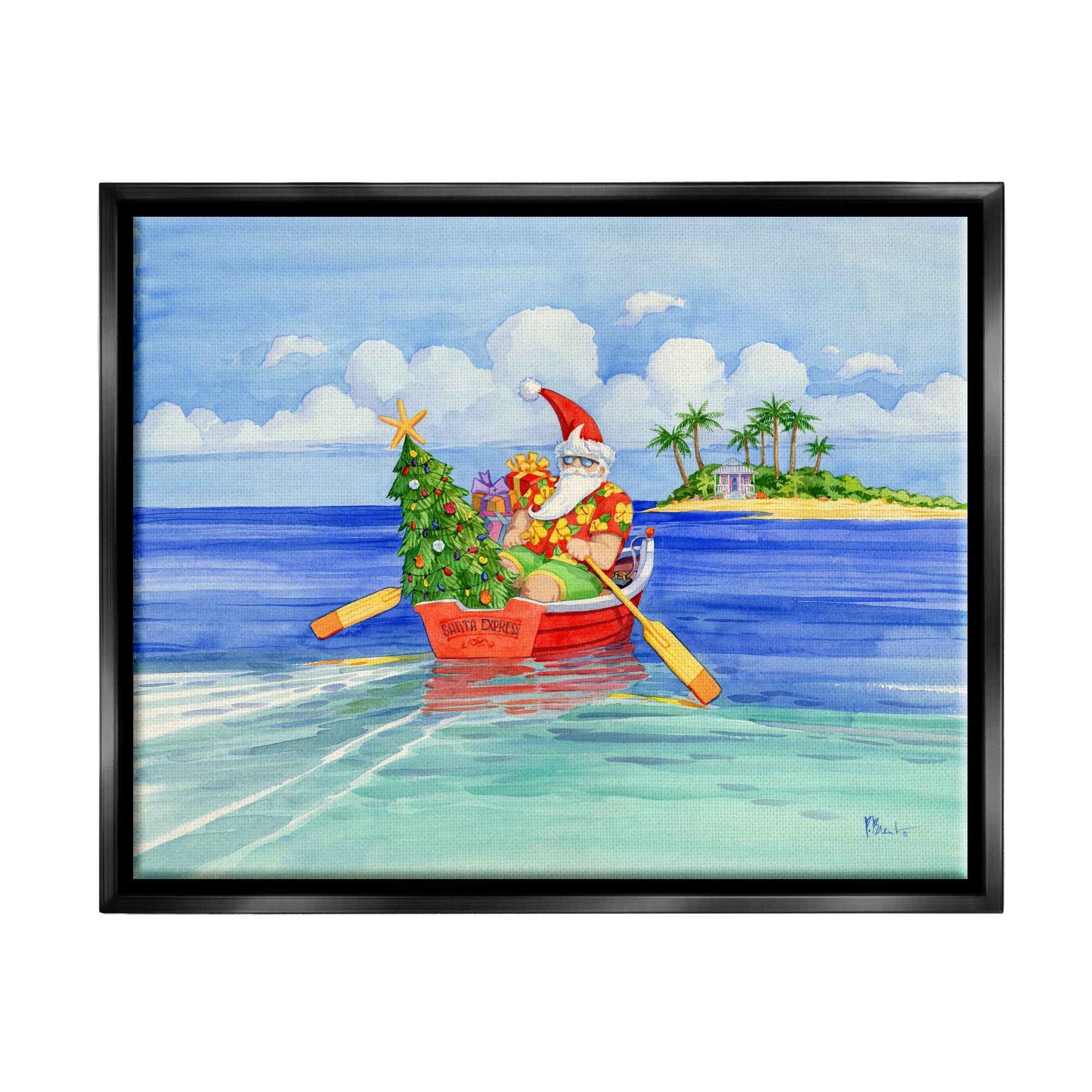 Stupell Industries Santa's Delivery Tropical Christmas Boat Framed Floater Canvas Wall Art