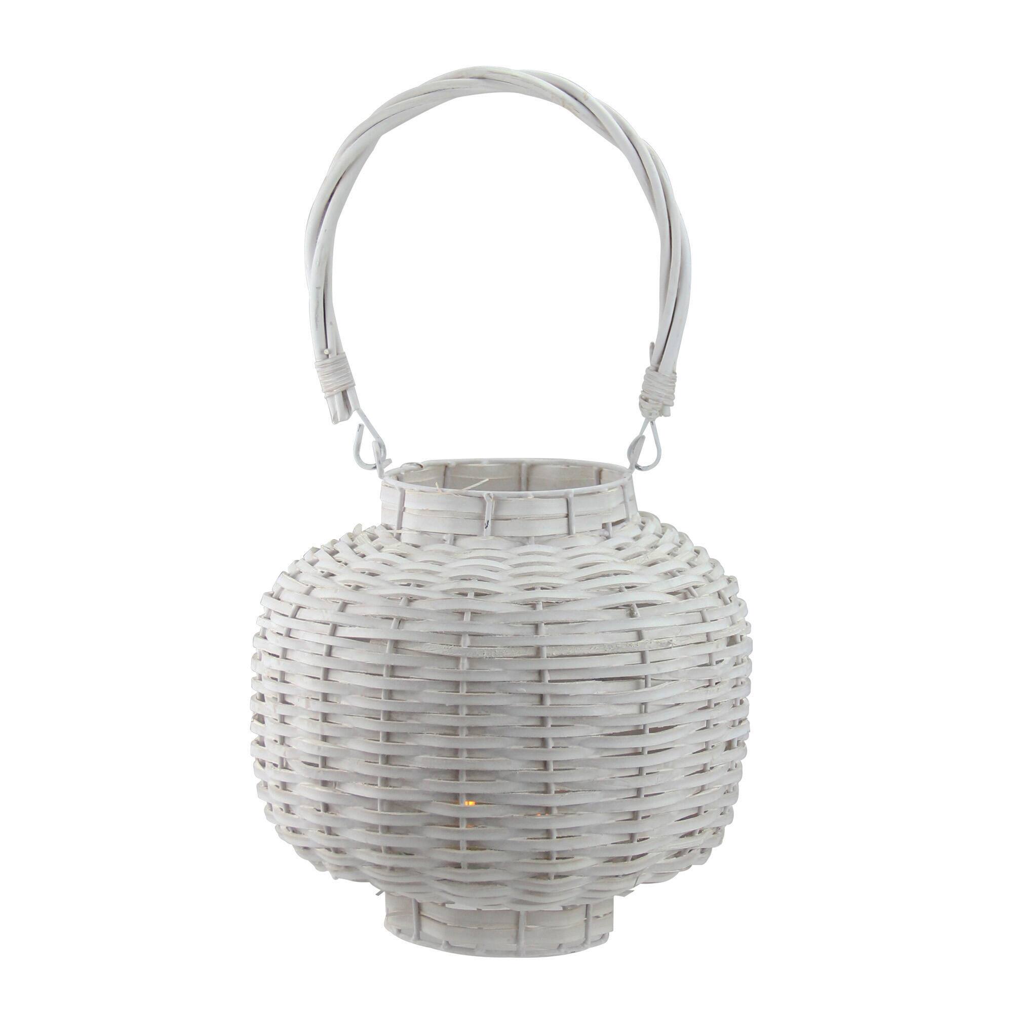 17.5" Beach Day Woven Wood Pillar Candle Lantern, White