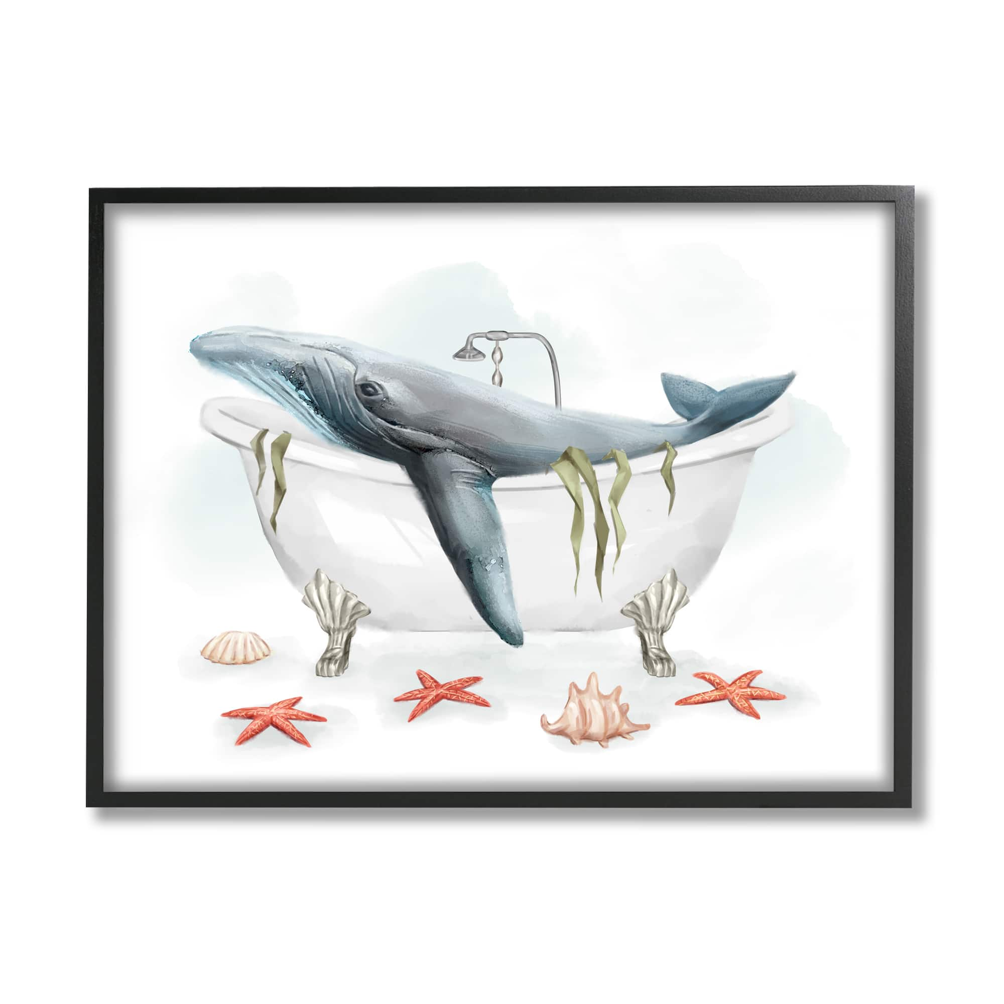 Stupell Industries Whale in Nautical Tub Seafoam Starfish Shells in Black  Frame Wall Art