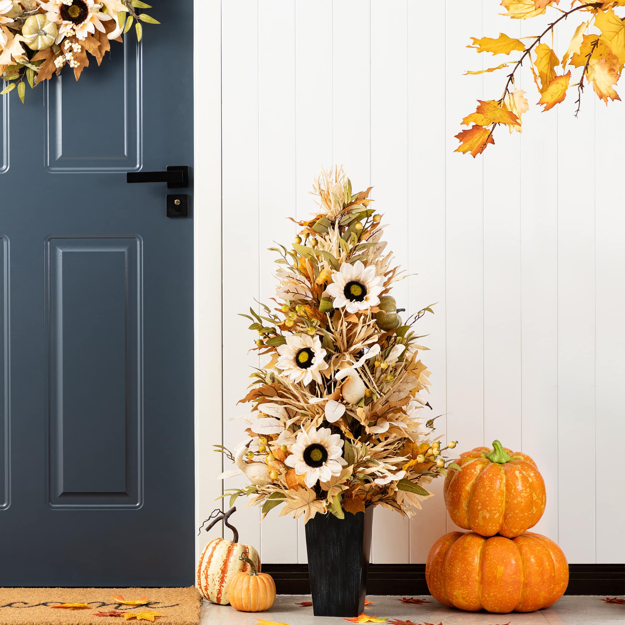 Glitzhome&#xAE; 36&#x22; Fall Neutral Sunflower, Pumpkin and Leaf Porch Tree