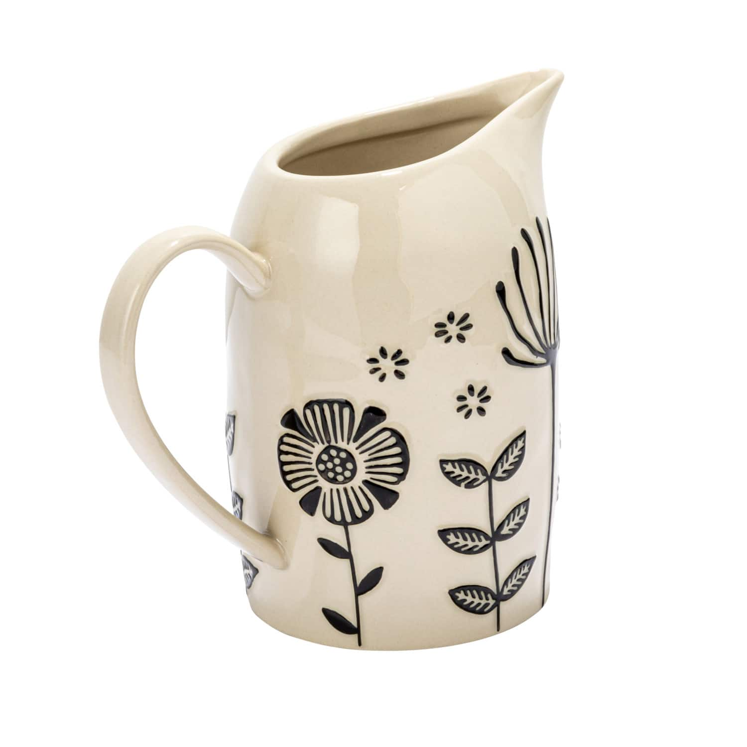 62oz. Cream &#x26; Black Hand-Painted Embossed Flowers Stoneware Pitcher