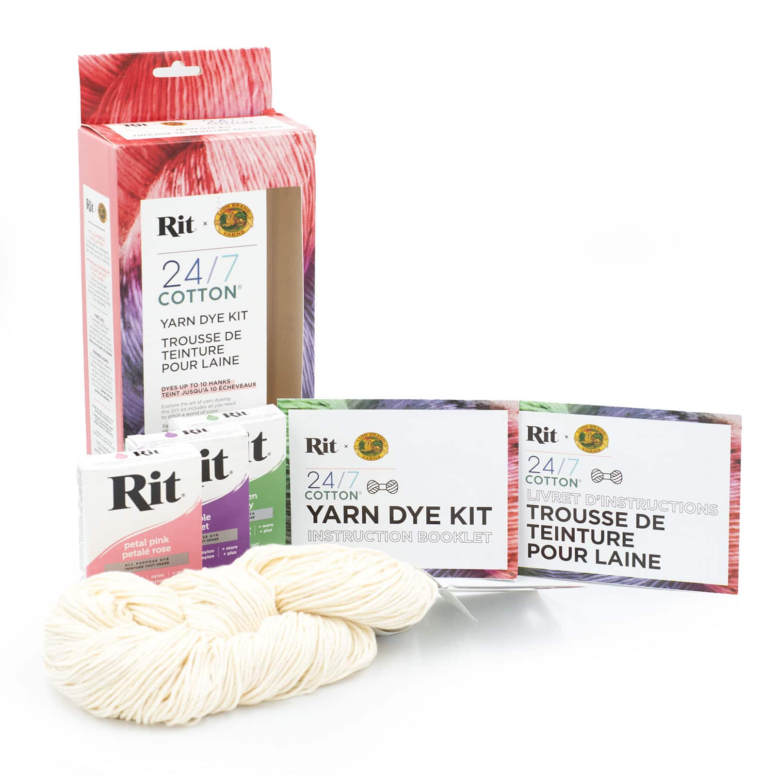 Lion Brand&#xAE; Yarn Petal Pink, Purple &#x26; Kelly Green 24/7 Cotton&#xAE; Yarn Rit&#xAE; Kit