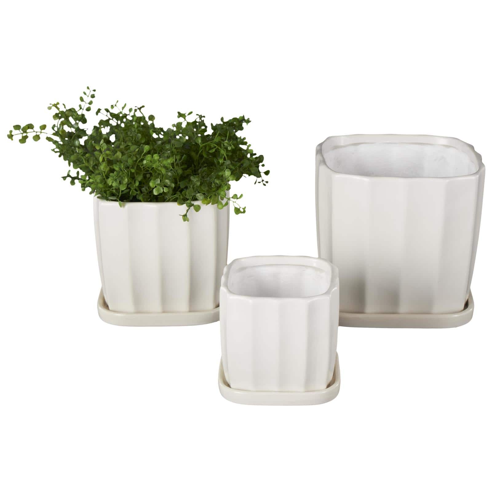 White Square Wide Groove Textured Ceramic Planter Set