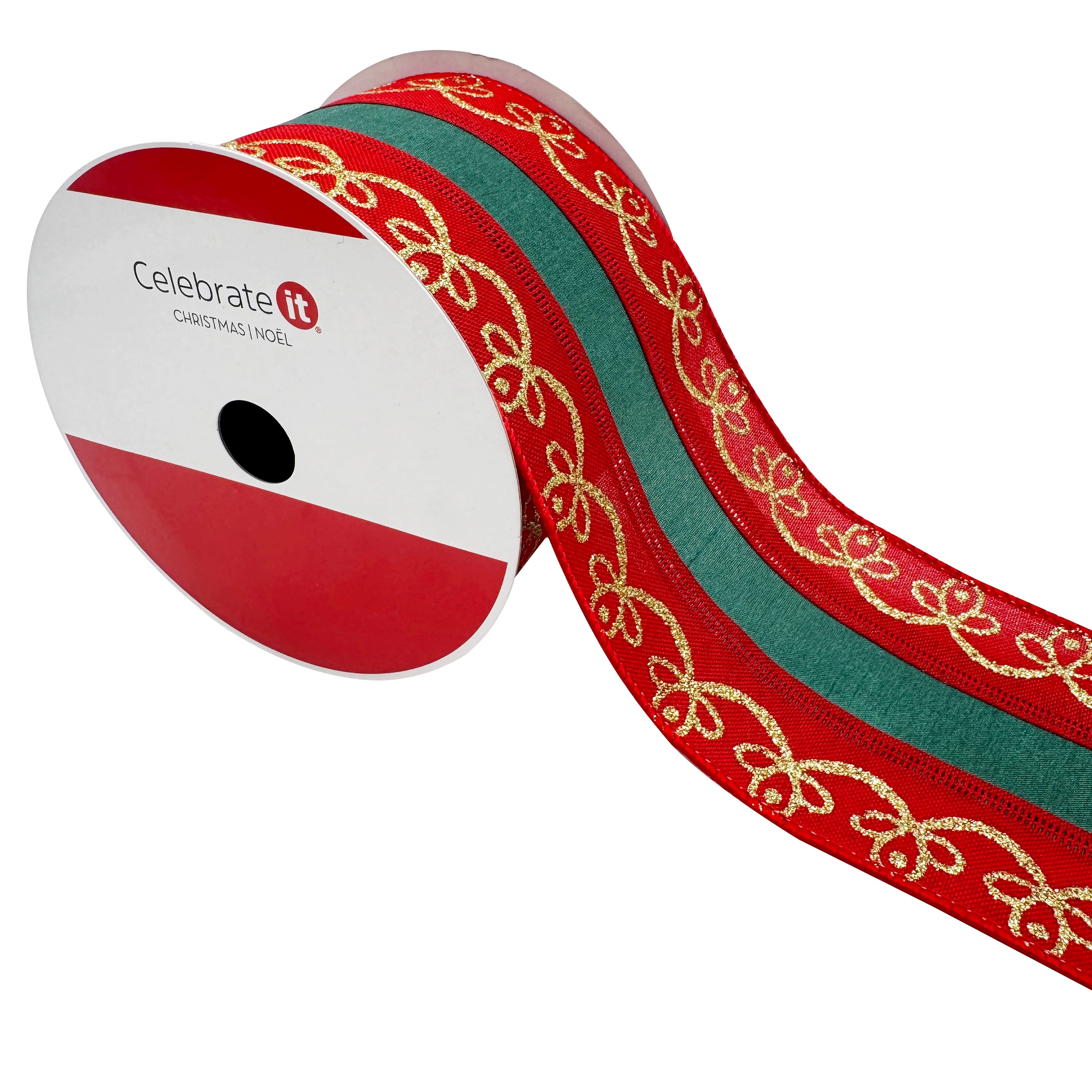 3.5" x 15ft. Red & Green with Gold Scroll Wired Ribbon by Celebrate It®