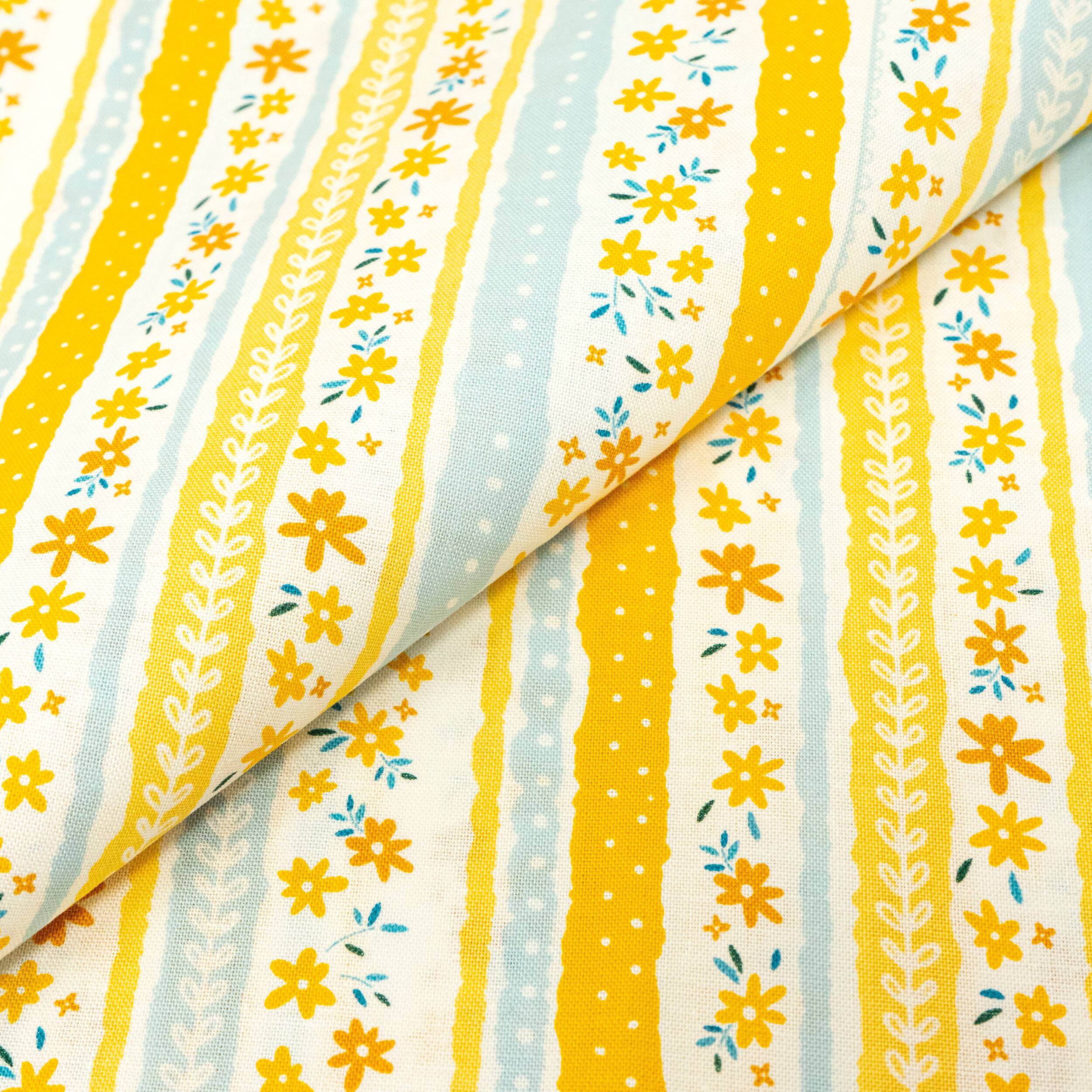 SINGER Blue & Yellow Flower Stripes Cotton Fabric